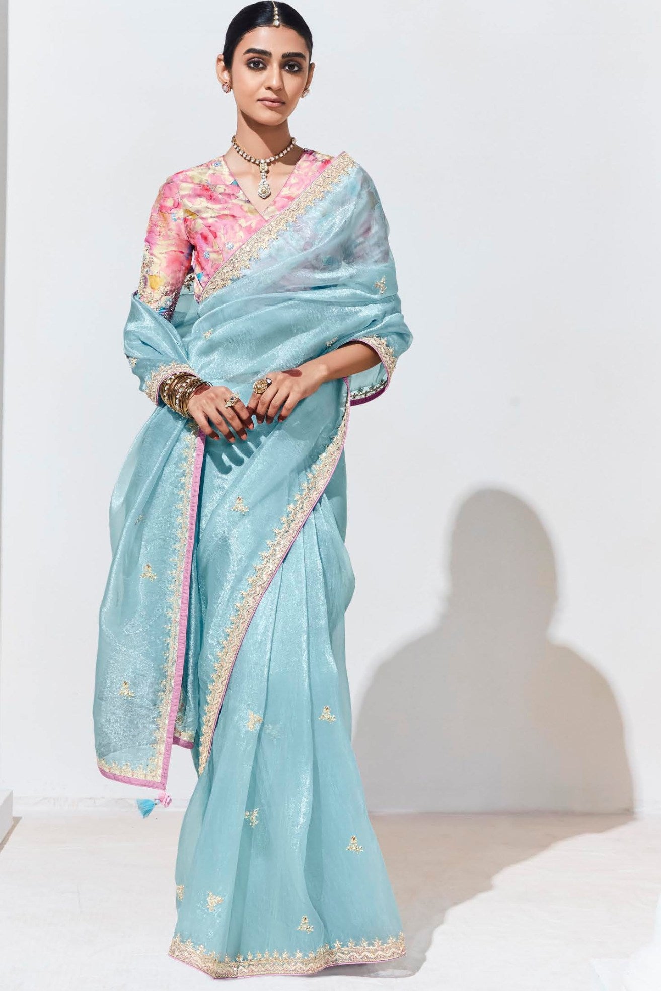 Buy MySilkLove Sinbad Blue Tissue Organza Designer Partywear Saree Online