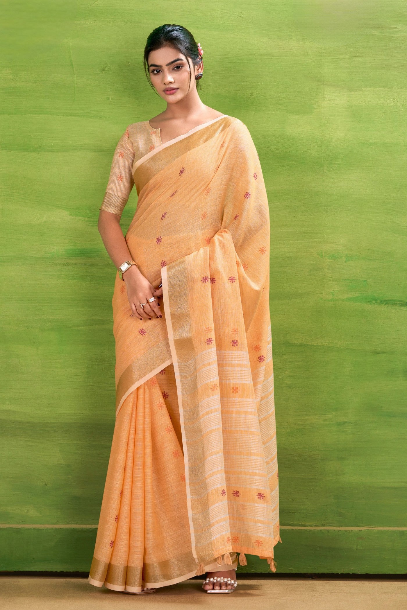 Buy MySilkLove Beer Orange Woven Linen Saree Online