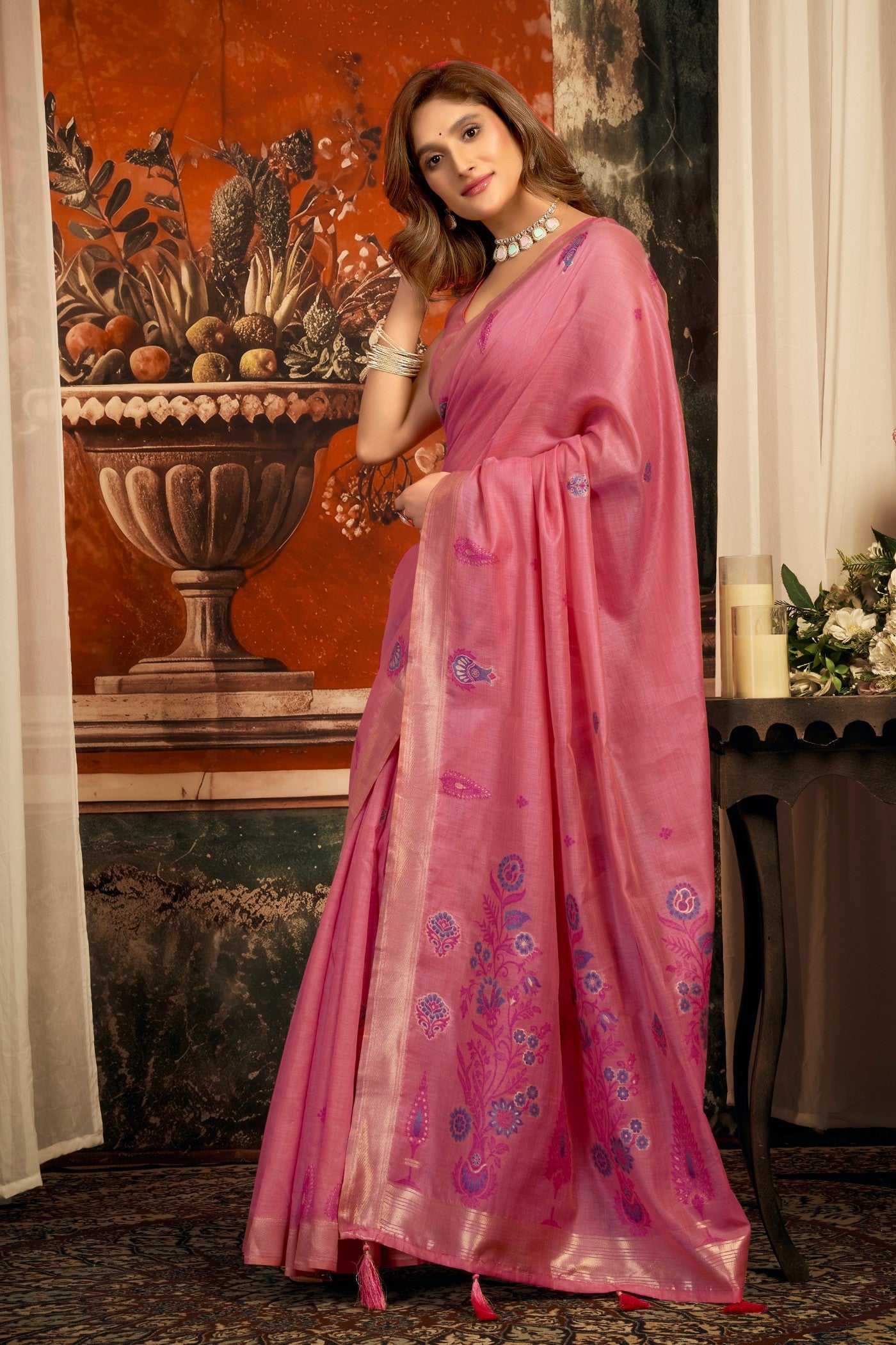 Buy MySilkLove Flamingo Pink Handloom Cotton Saree Online