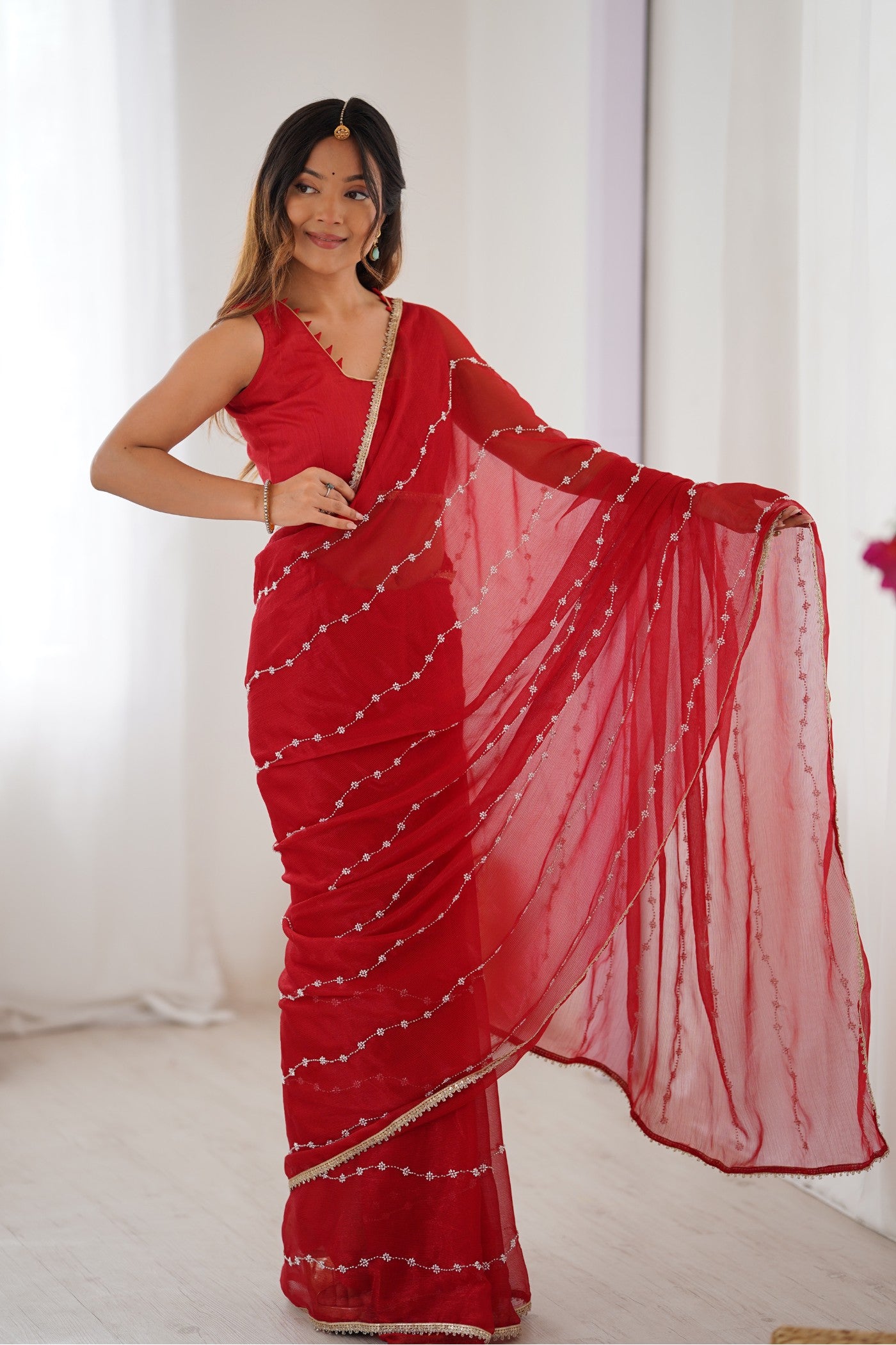 Buy MySilkLove Blood Red Chiffon Partywear Saree Online