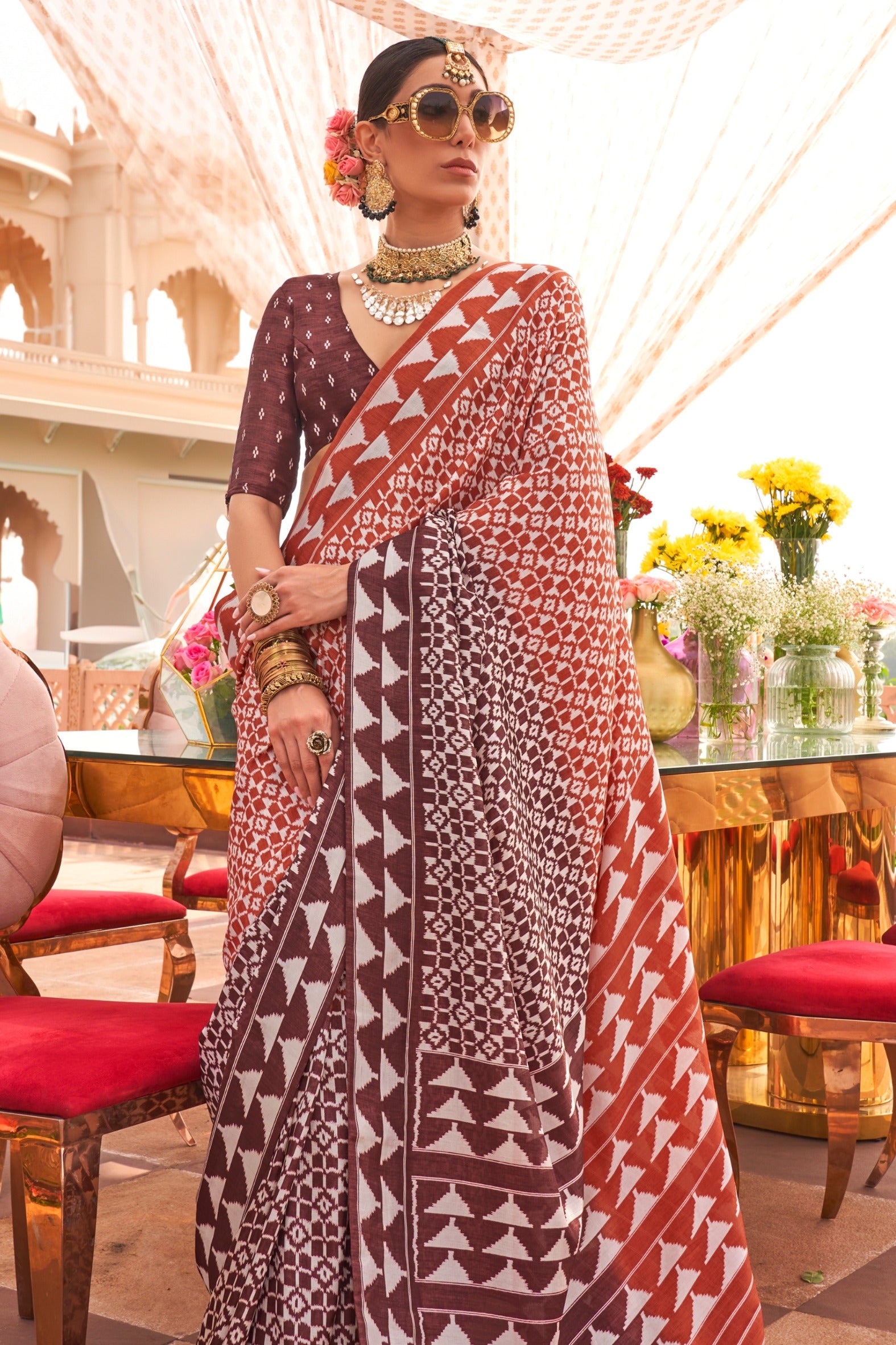 MySilkLove Fuzzy Orange and Brown Printed Patola Saree