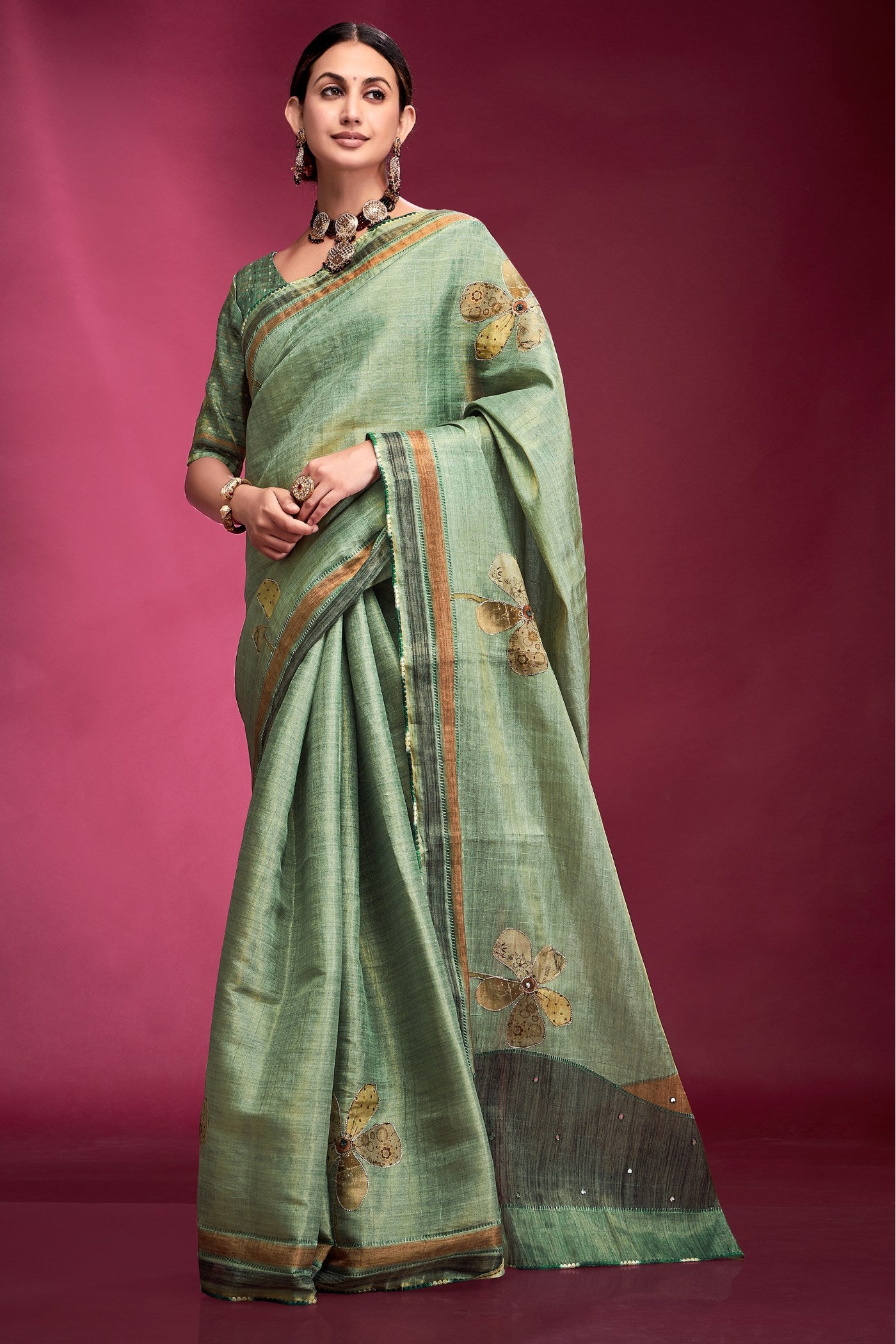 Buy MySilkLove Pine Green Woven Tussar Silk Saree Online