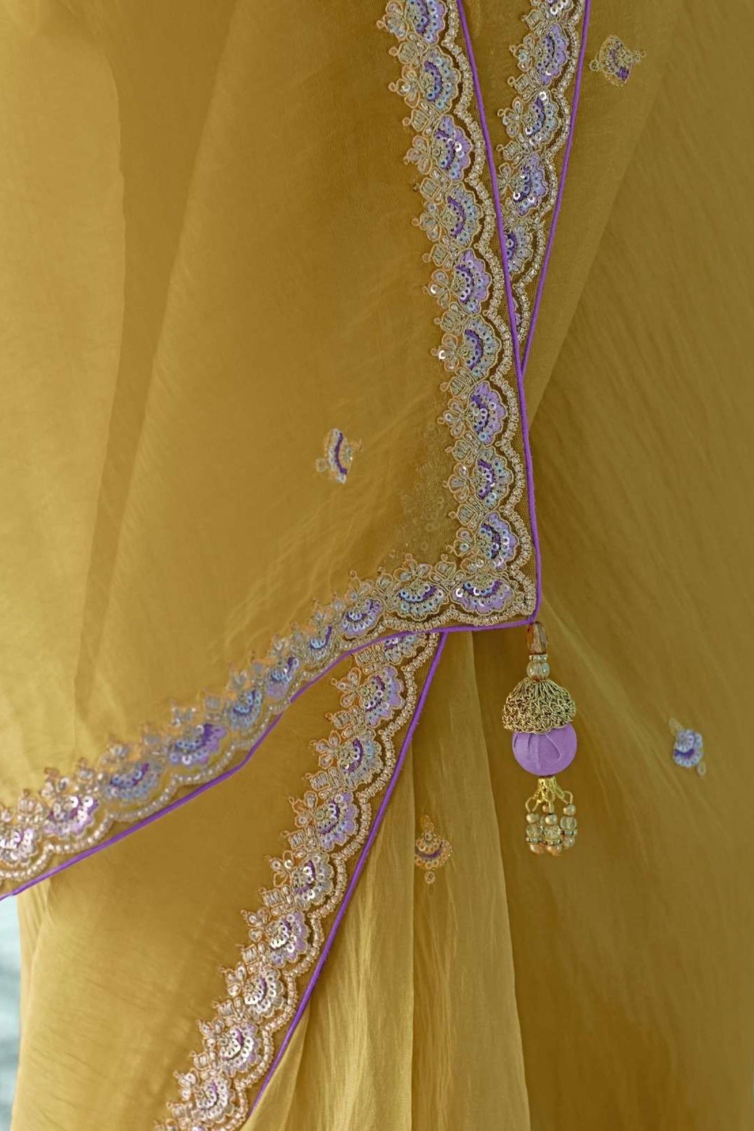 Buy MySilkLove Husk Yellow Embroidered Tissue Designer Saree Online