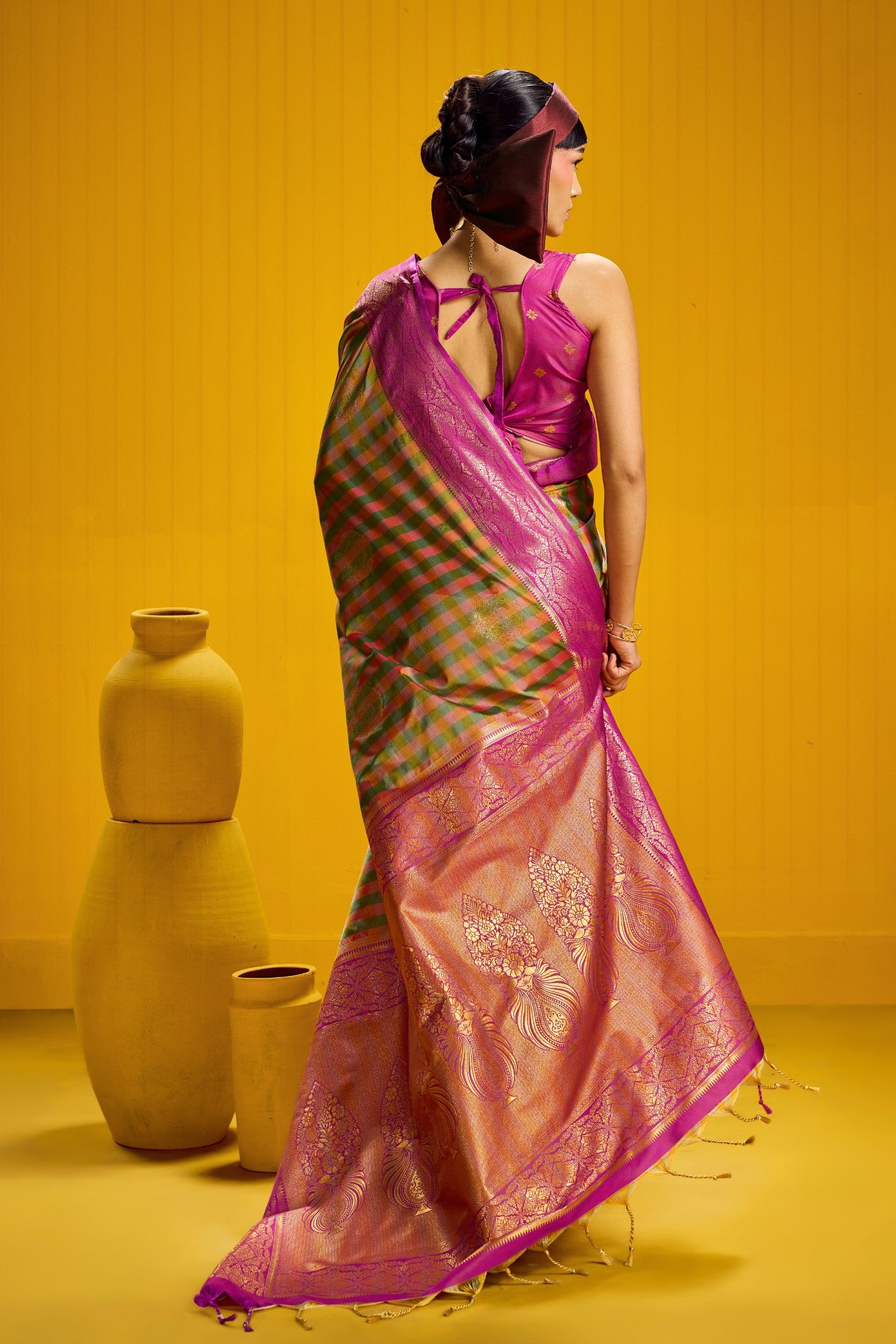 Buy MySilkLove Haritha Green Banarasi Two Tone Checks Handloom Saree Online