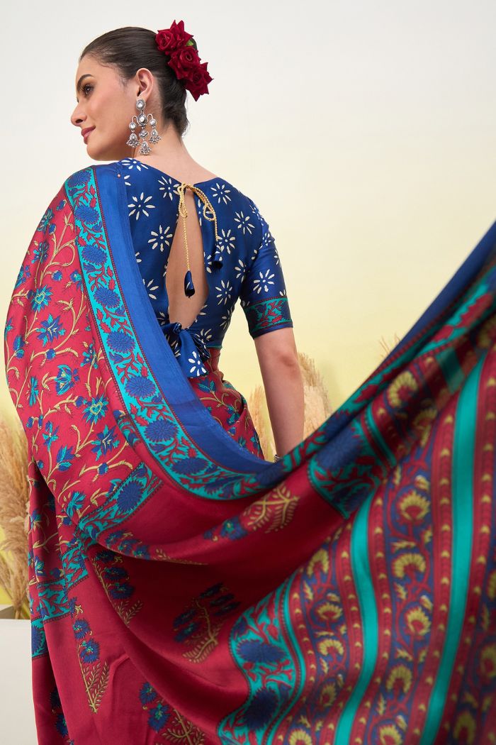 Buy MySilkLove Chili Red and Blue Modal Satin Printed Silk Saree Online
