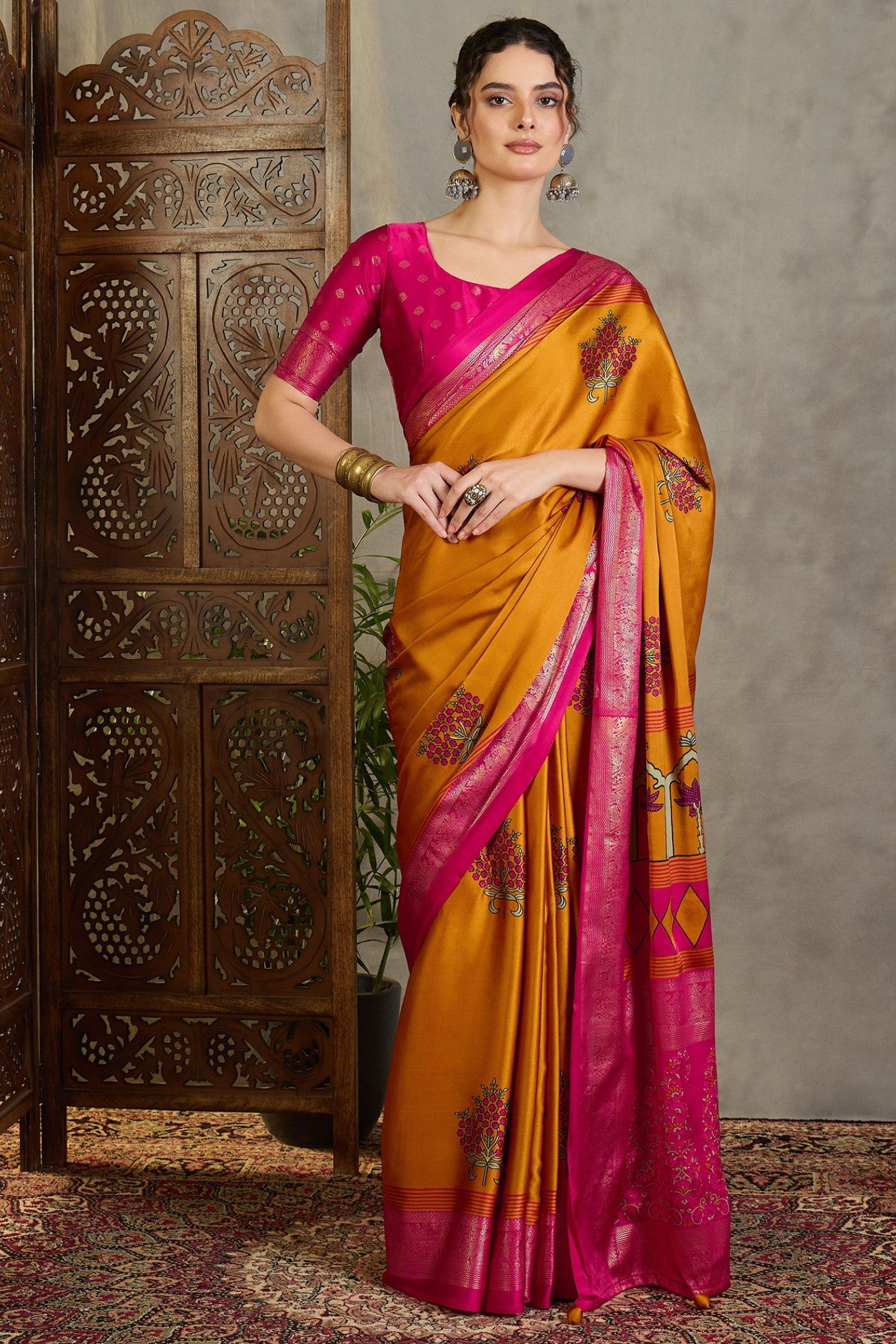 Buy MySilkLove Sunspill Yellow and Pink Printed Satin Crepe Silk Saree Online