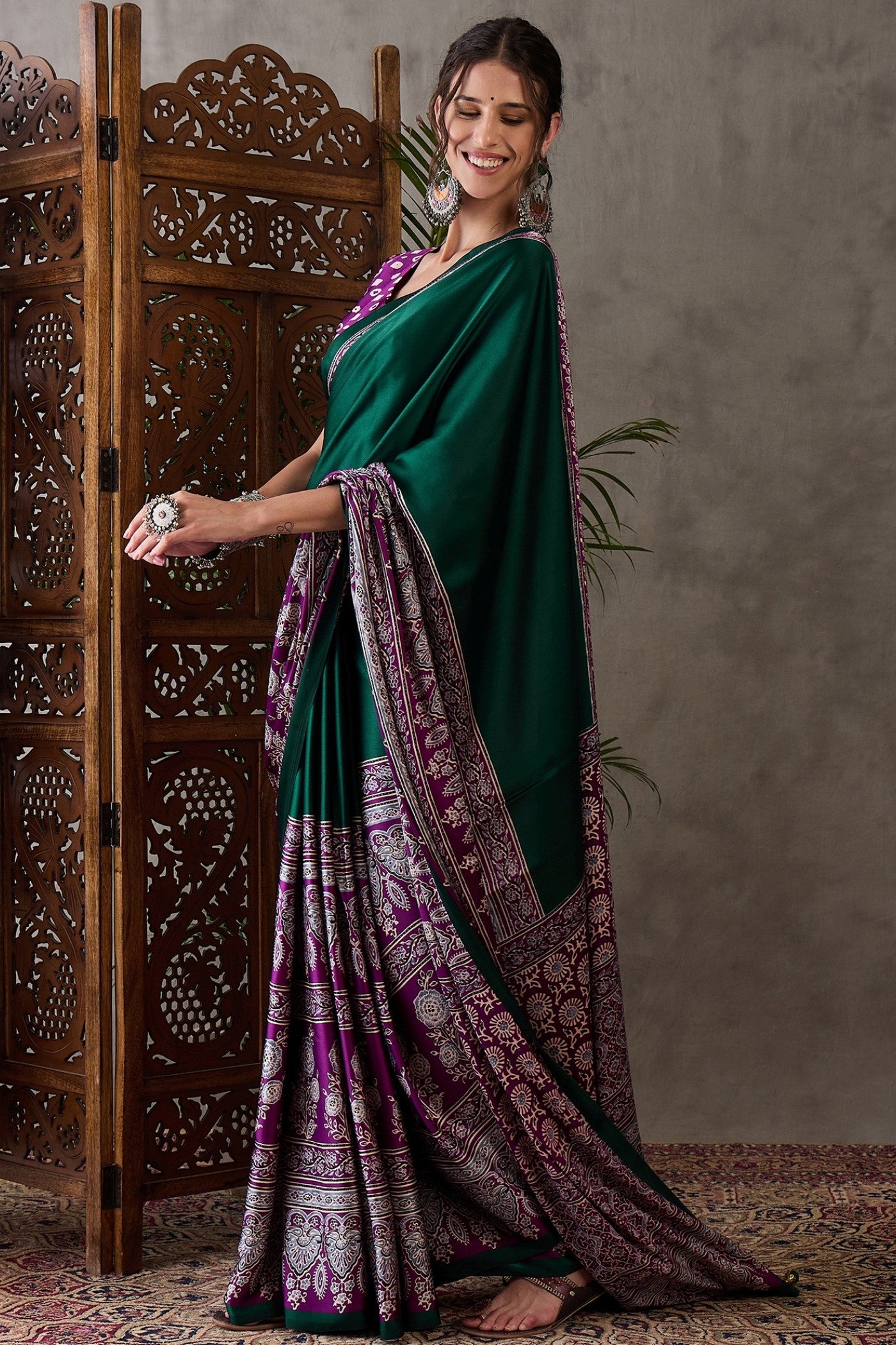 Buy MySilkLove Bottle Green Printed Satin Gaji Silk Saree Online
