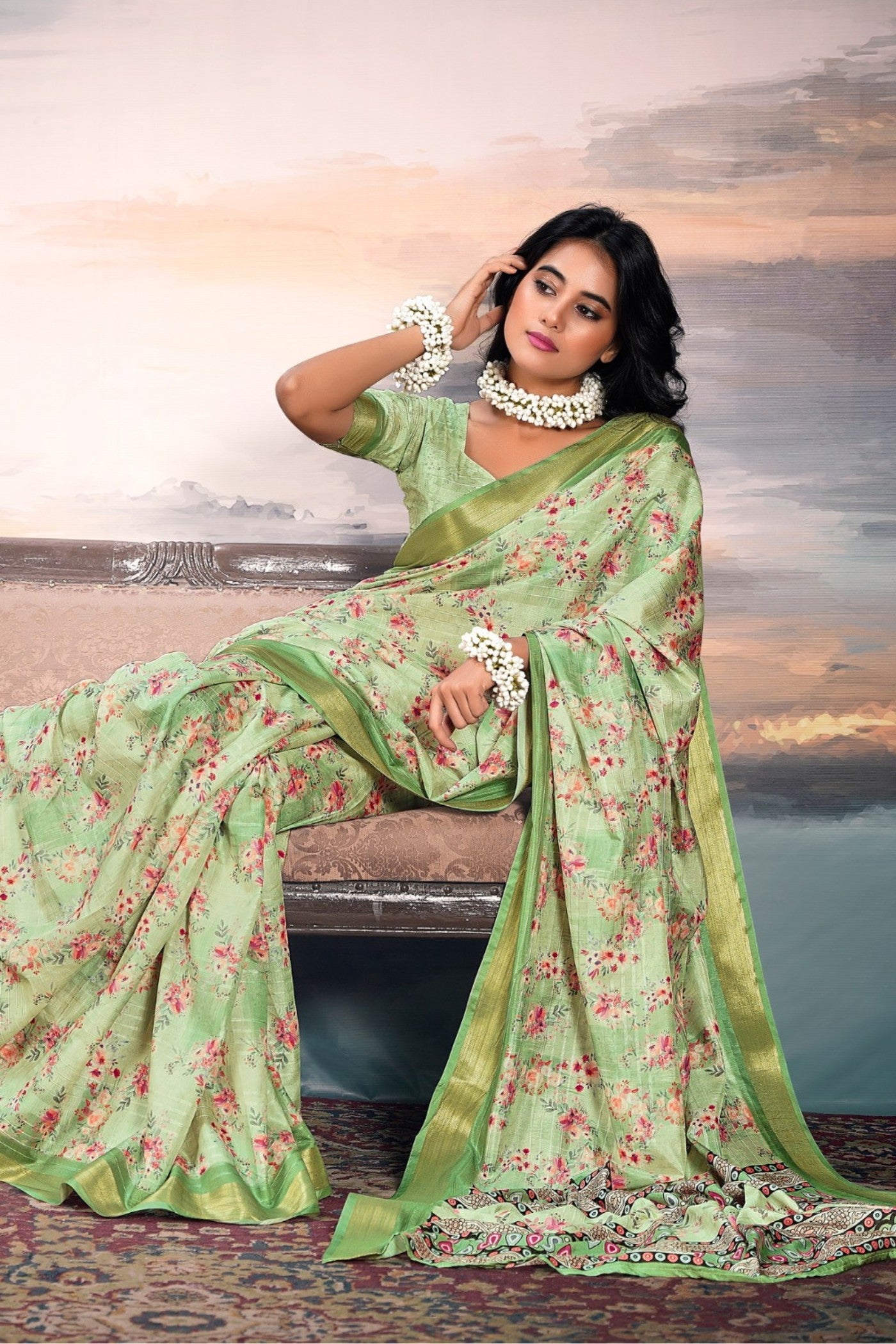 MySilkLove Gurkha Green Digital Printed Cotton Saree