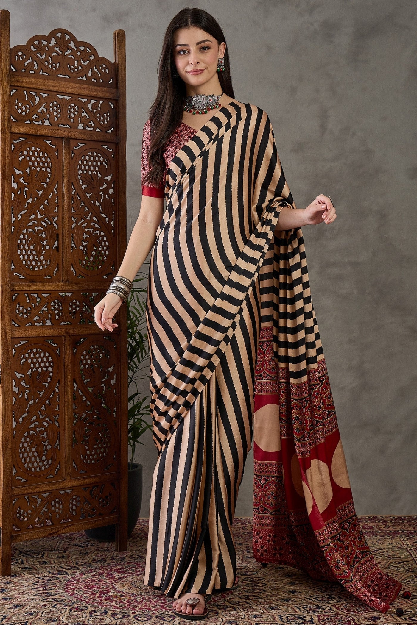 Buy MySilkLove Buff Cream Stripe Ajrakh Printed Satin Gaji Silk Saree Online