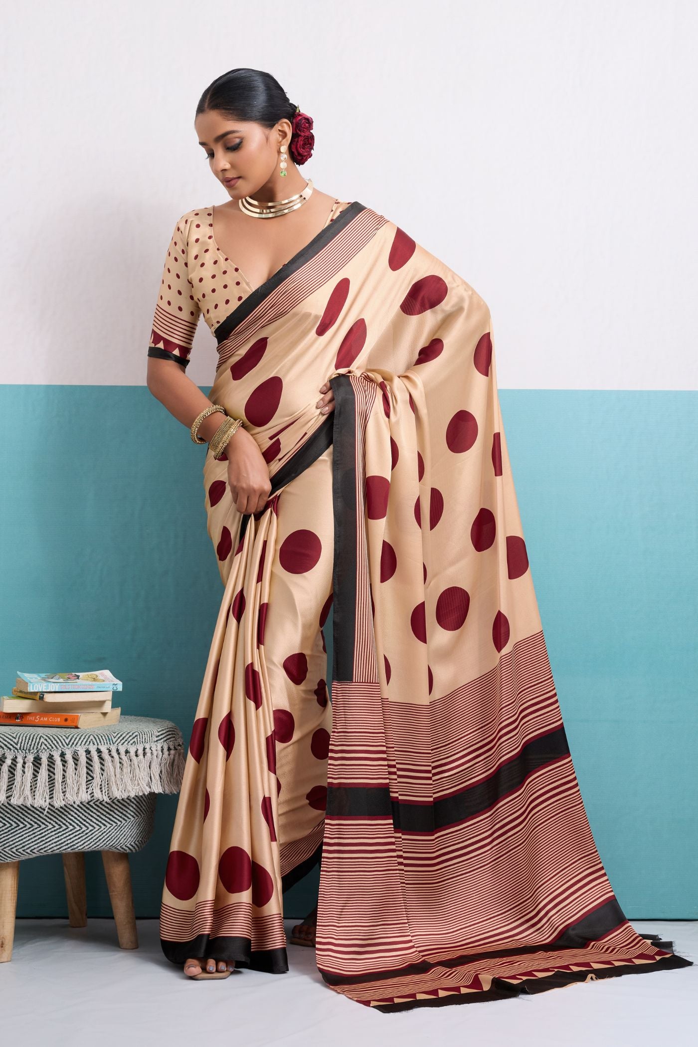 Buy MySilkLove Nectar Cream Polka Dots Satin Crepe Saree Online