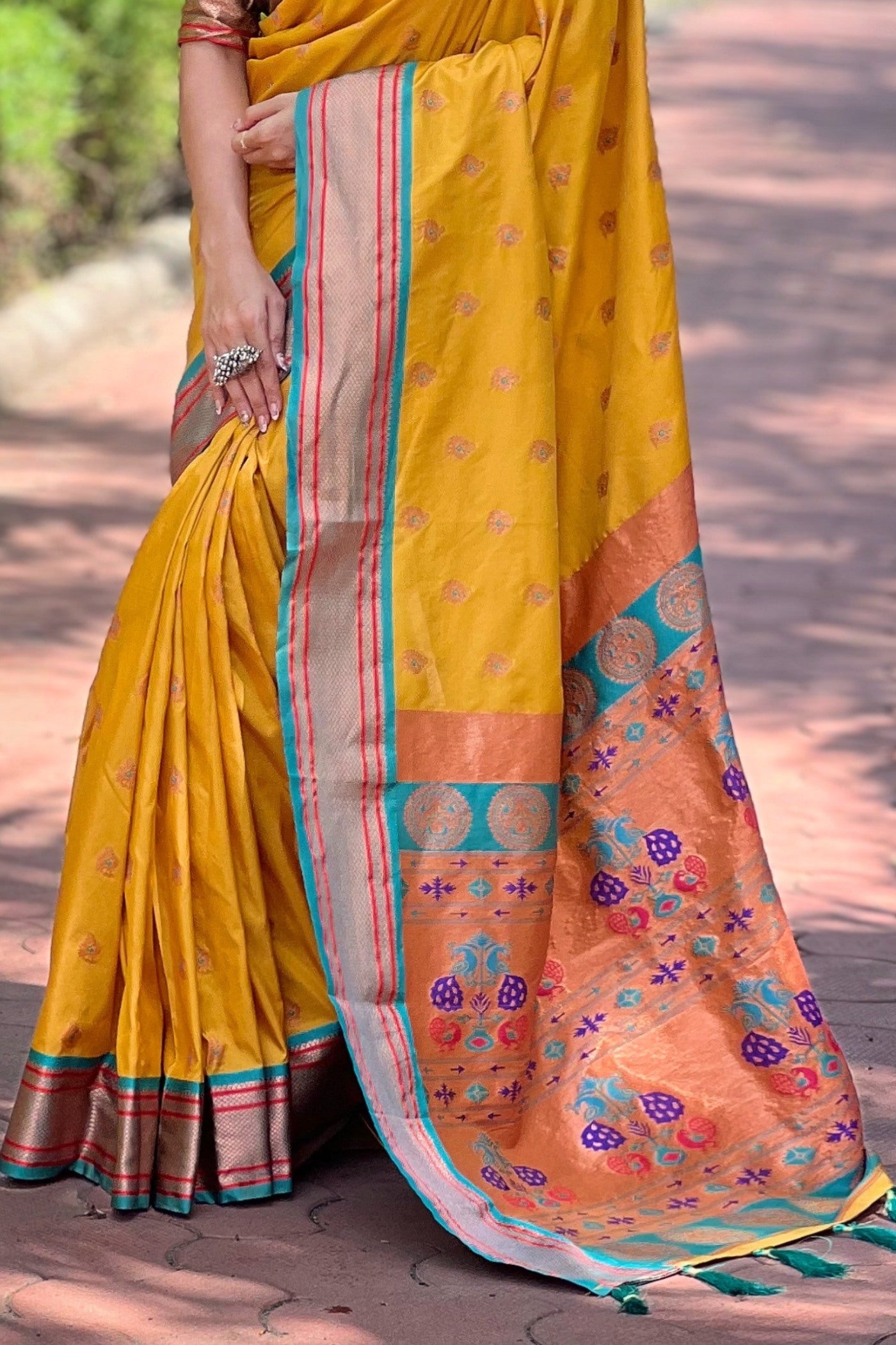 Buy MySilkLove Pizza Yellow Woven Paithani Saree Online