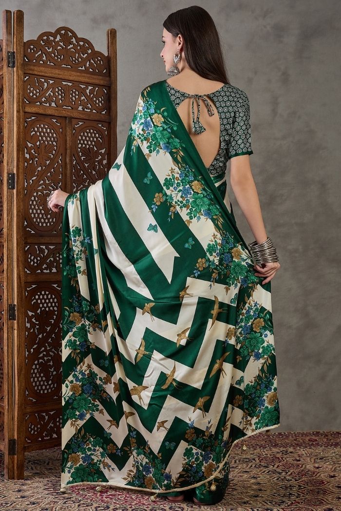 Buy MySilkLove Tree Green Stripe Printed Floral Satin Gaji Silk Saree Online