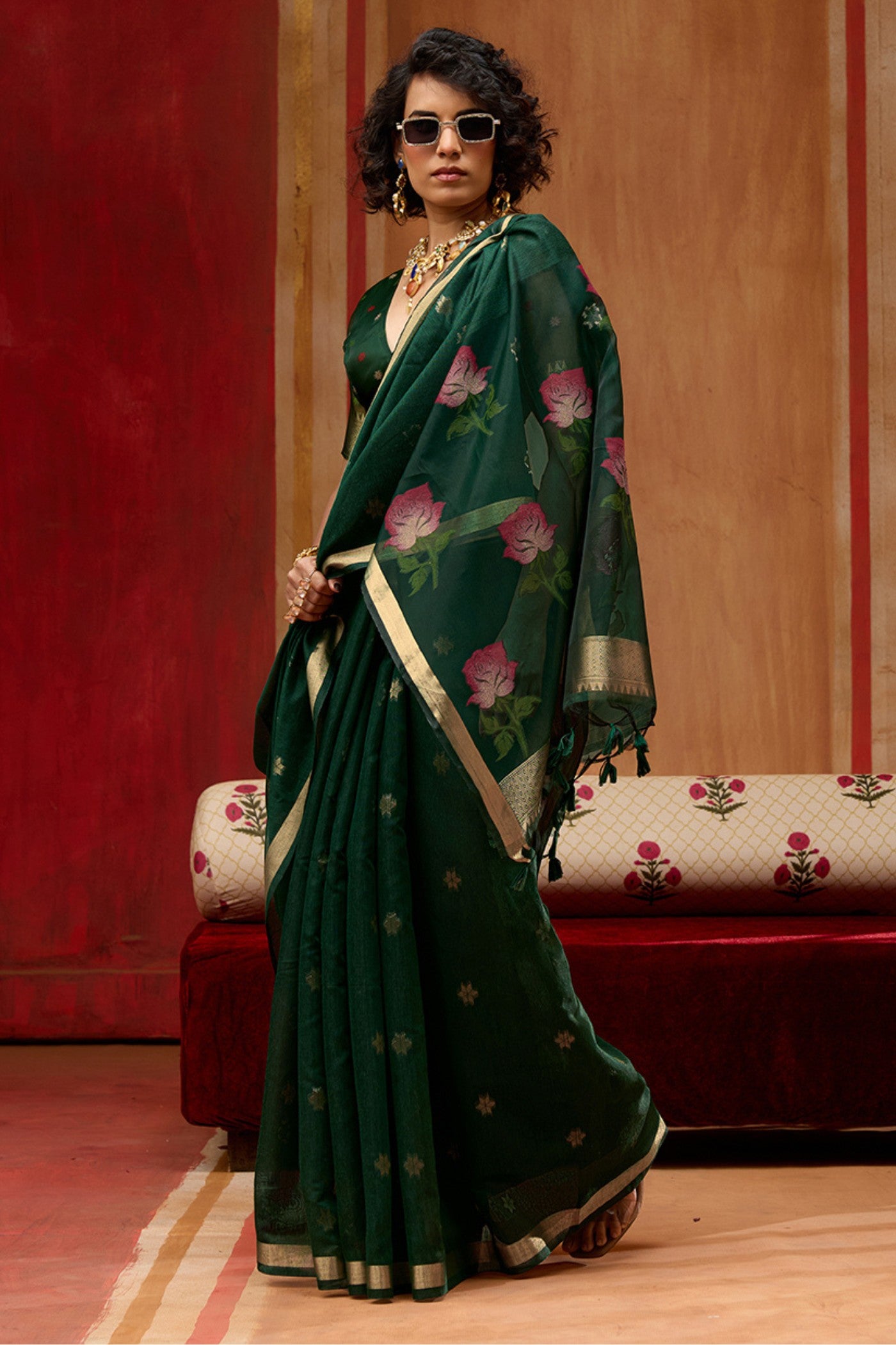Buy MySilkLove Dark Green Handloom Muga Cotton Saree Online