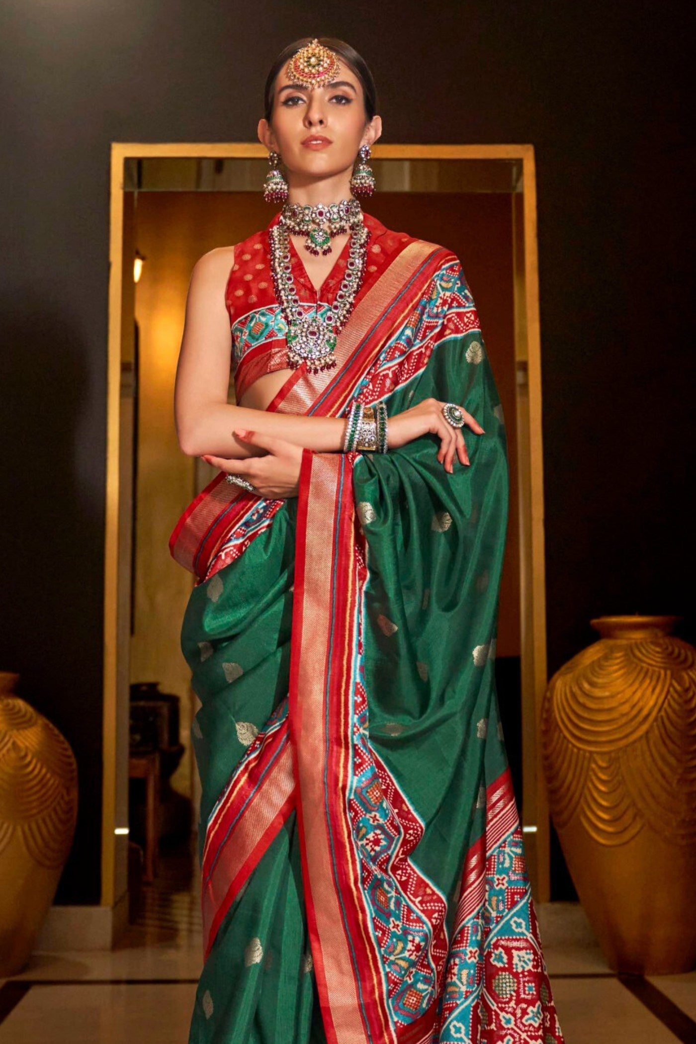 Buy MySilkLove Viridian Green Printed Patola Saree Online