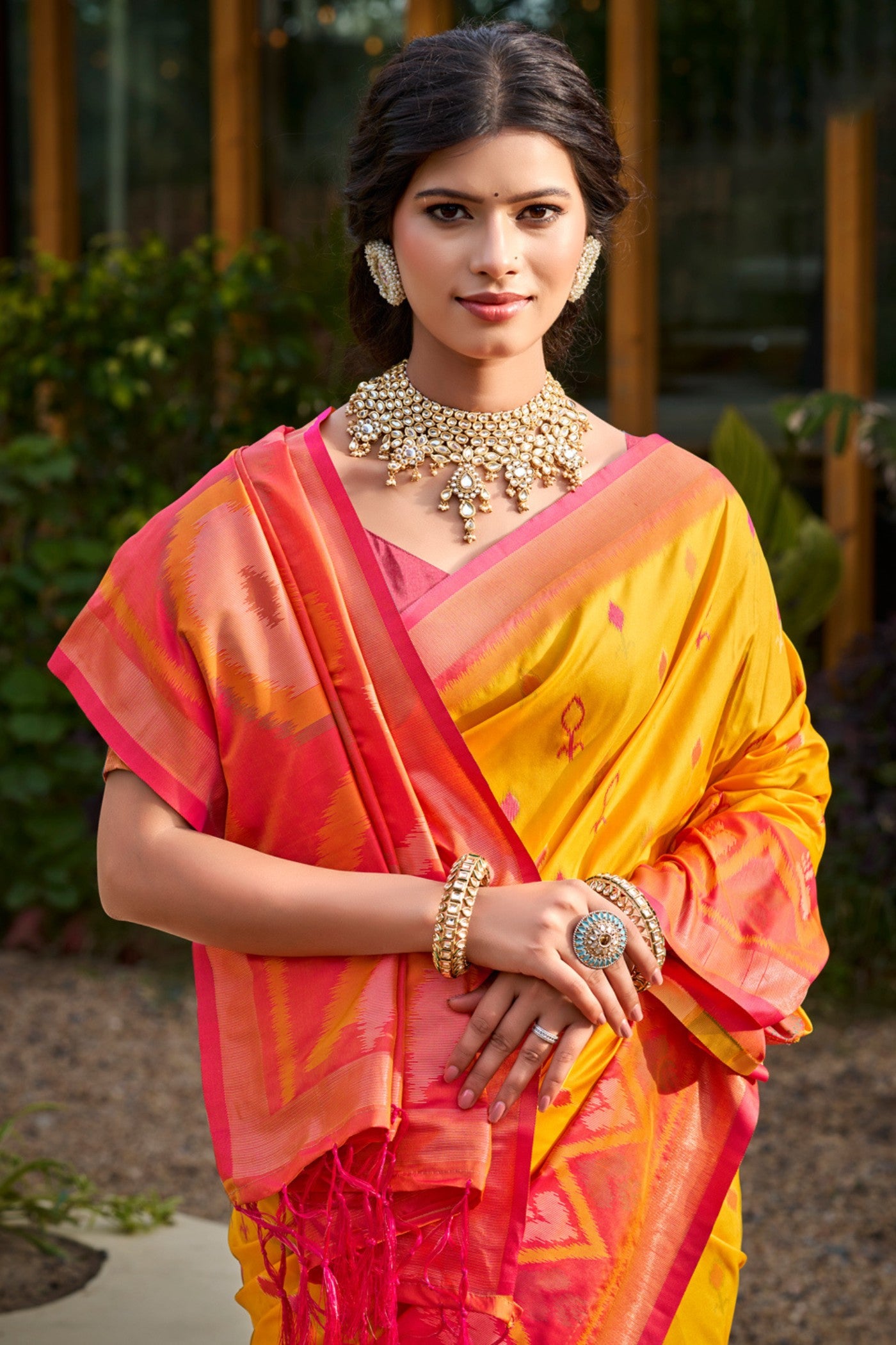 MySilkLove Bright Yellow Ikkat Soft Silk Saree
