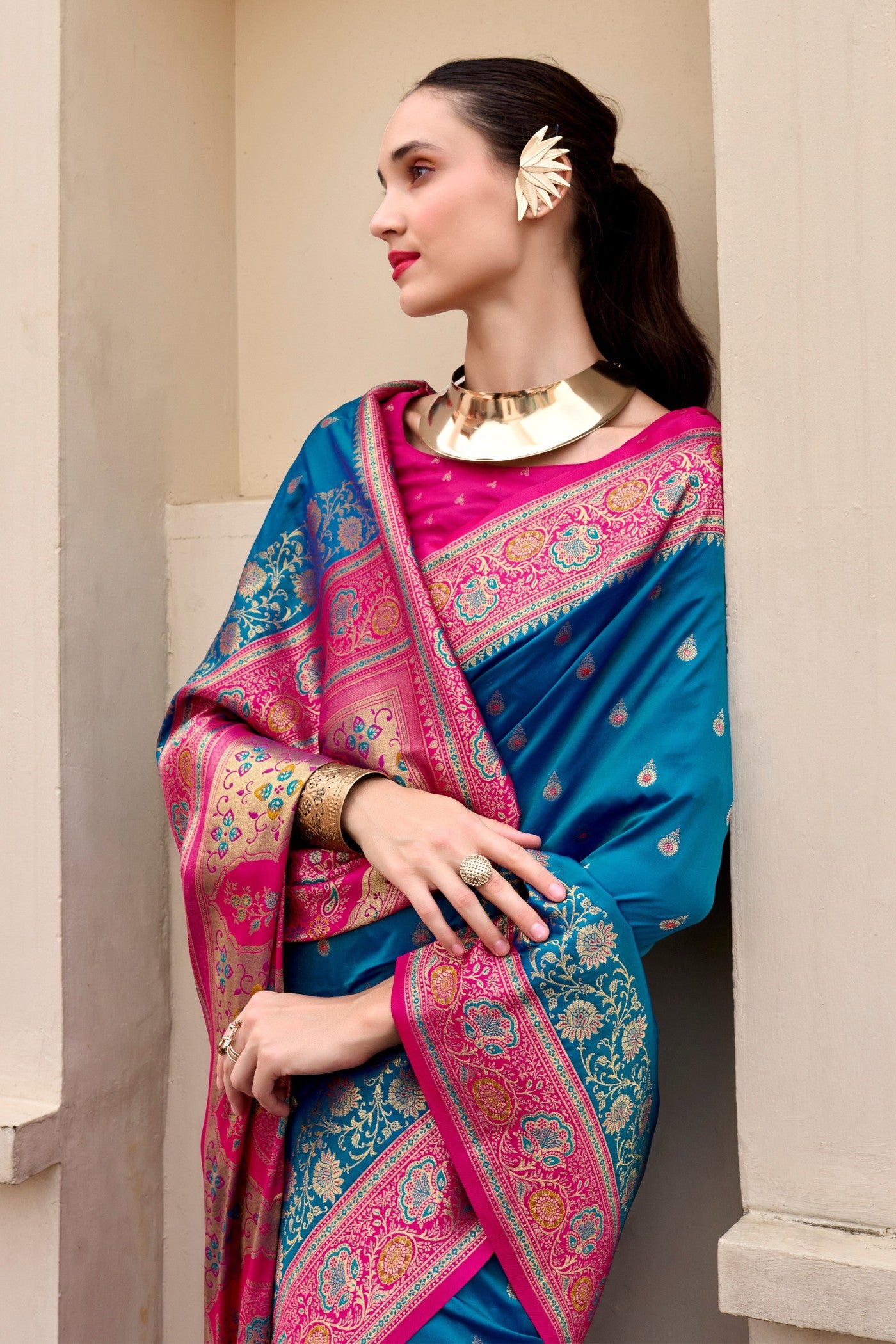 Buy MySilkLove Dark Aquamarine Blue Woven Banarasi Saree Online