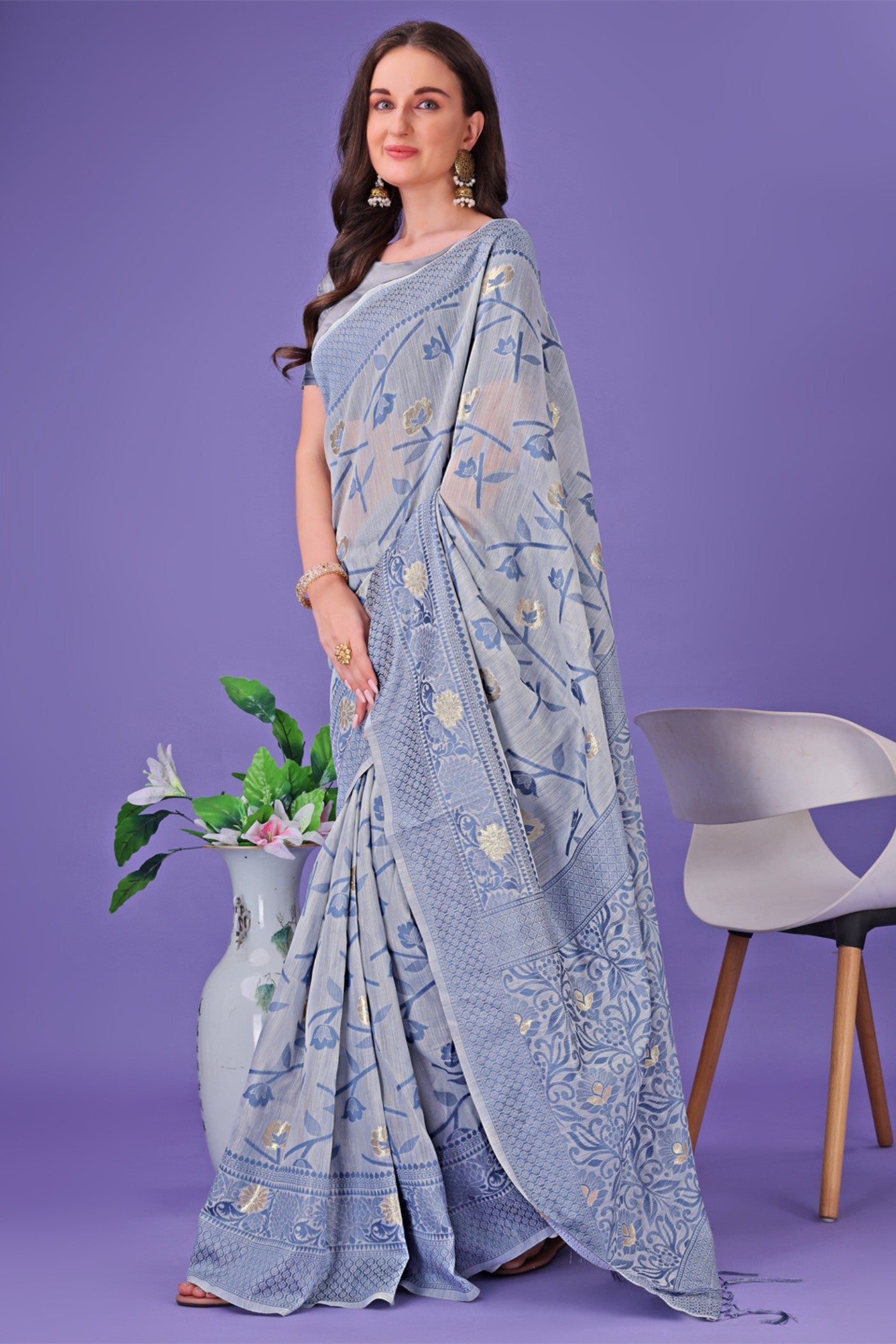 MySilkLove Space Blue Linen Cotton Saree