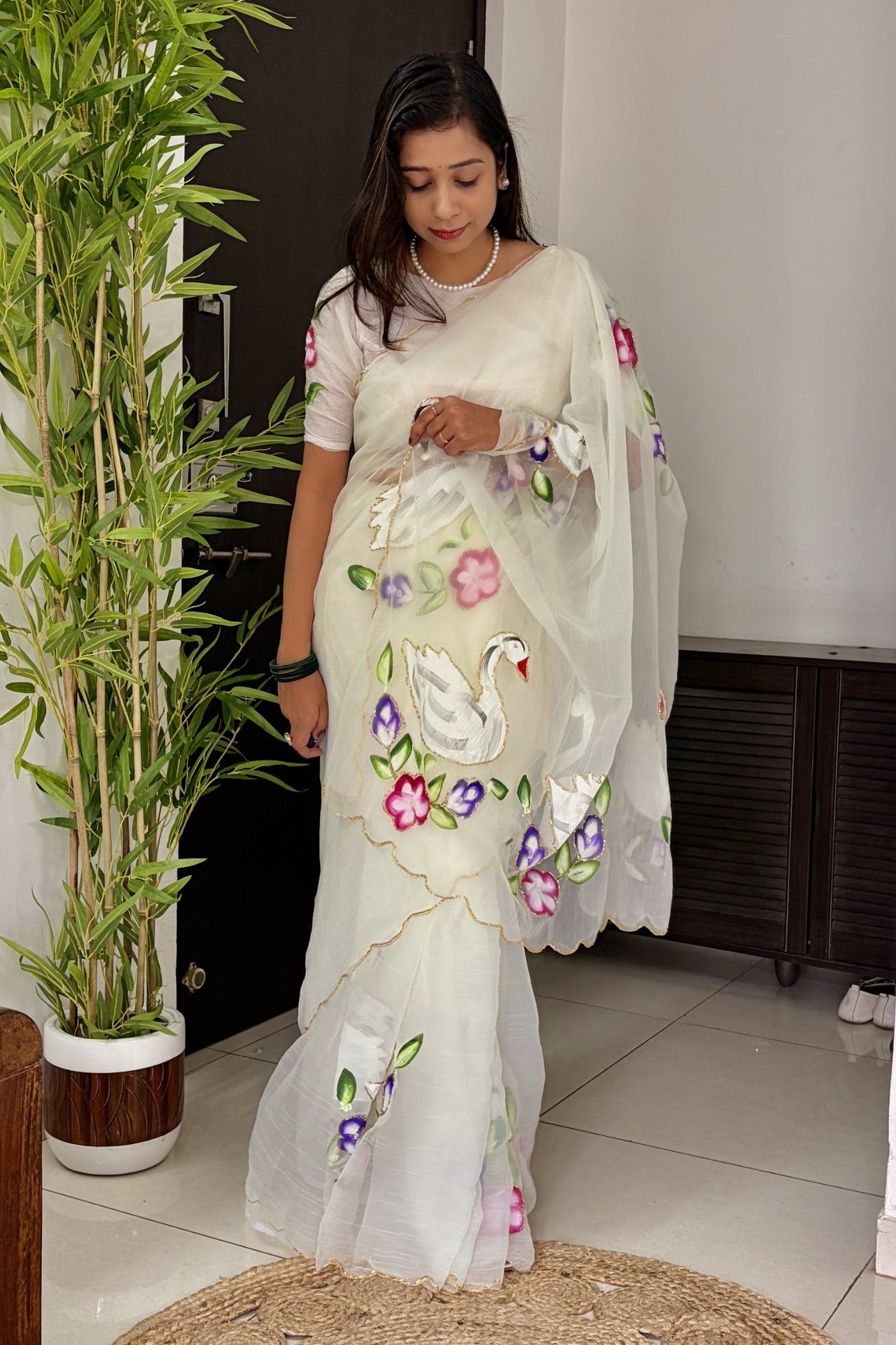 MySilkLove Pearl White Organza Printed Floral Saree