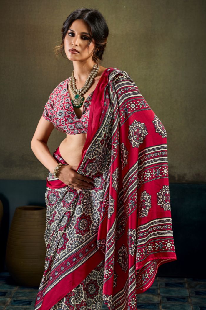 Buy MySilkLove Barn Red Modal Ajrakh Satin Printed Silk Saree Online