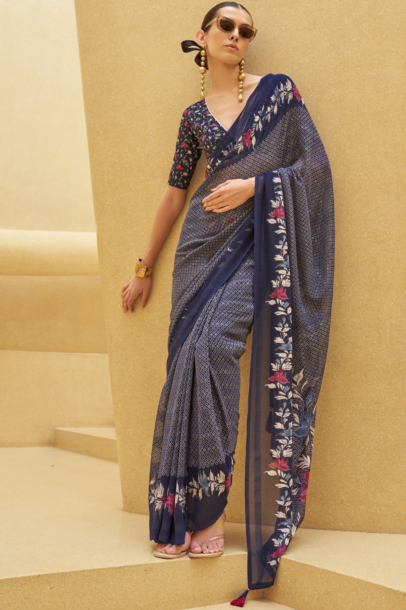 Buy MySilkLove Mulled Blue Georgette Printed Saree Online