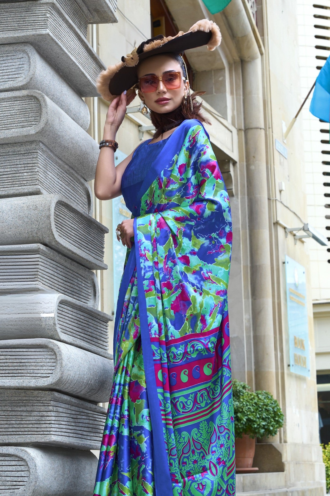 Buy MySilkLove Denim Blue Printed Satin Crepe Silk Saree Online