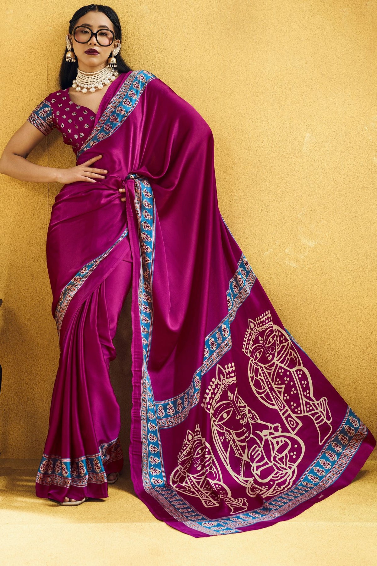 Buy MySilkLove Plum Purple Modal Ajrakh Satin Printed Silk Saree Online