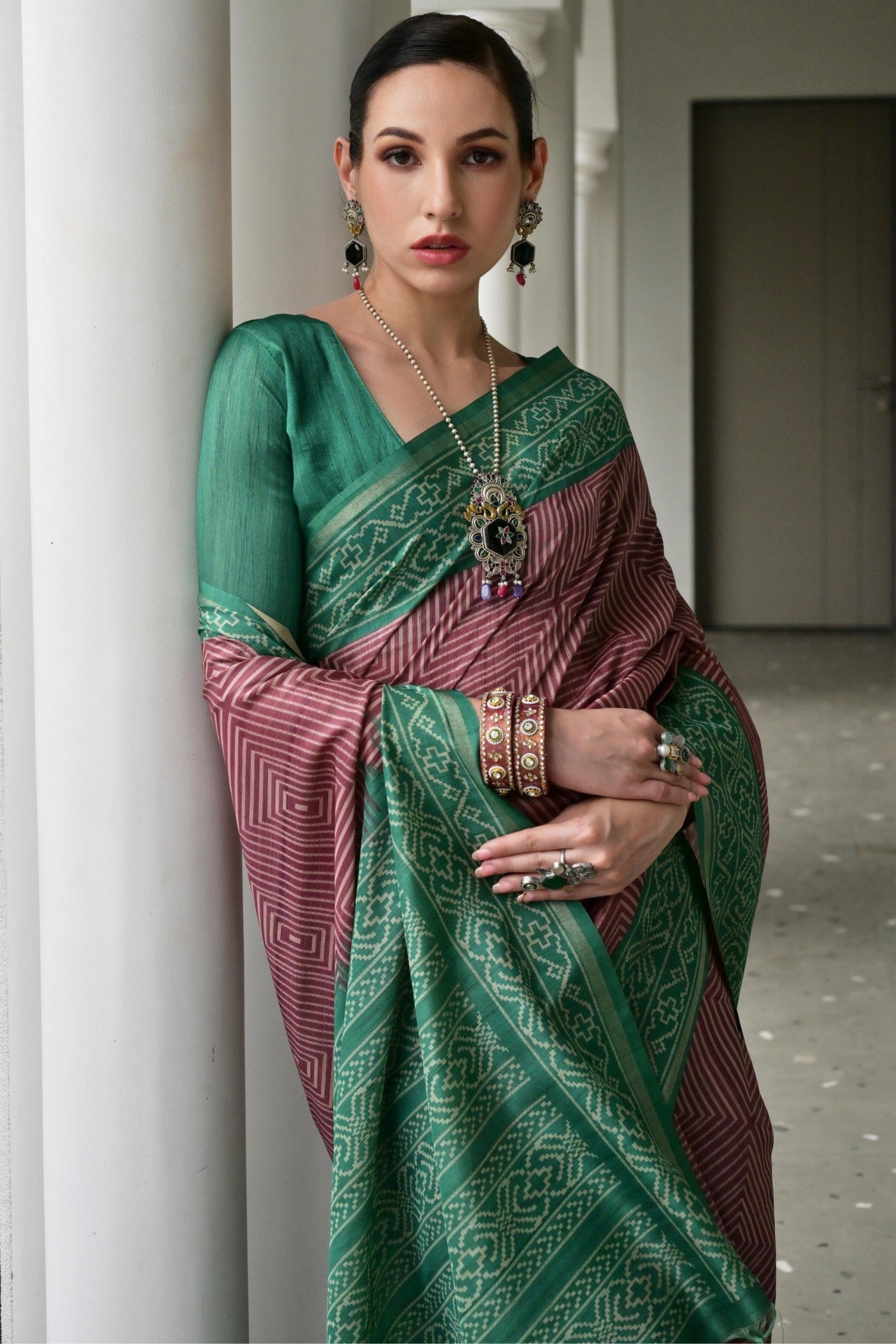 Buy MySilkLove Eggplant Purple and Green Printed Tussar Silk Saree Online