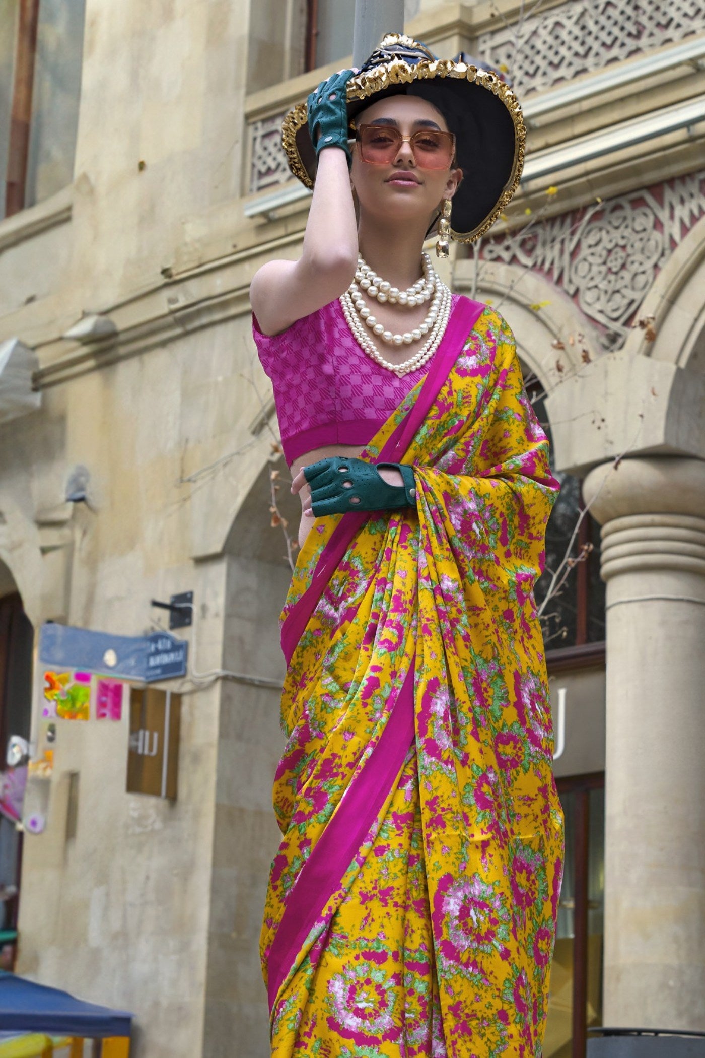 MySilkLove Dijon Yellow and Pink Printed Satin Crepe Silk Saree