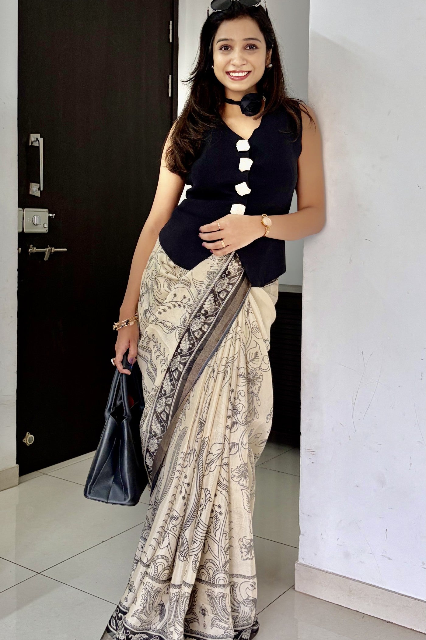 Buy MySilkLove Indowestern Style Black and Cream Mul Cotton Kalamkari Saree Online