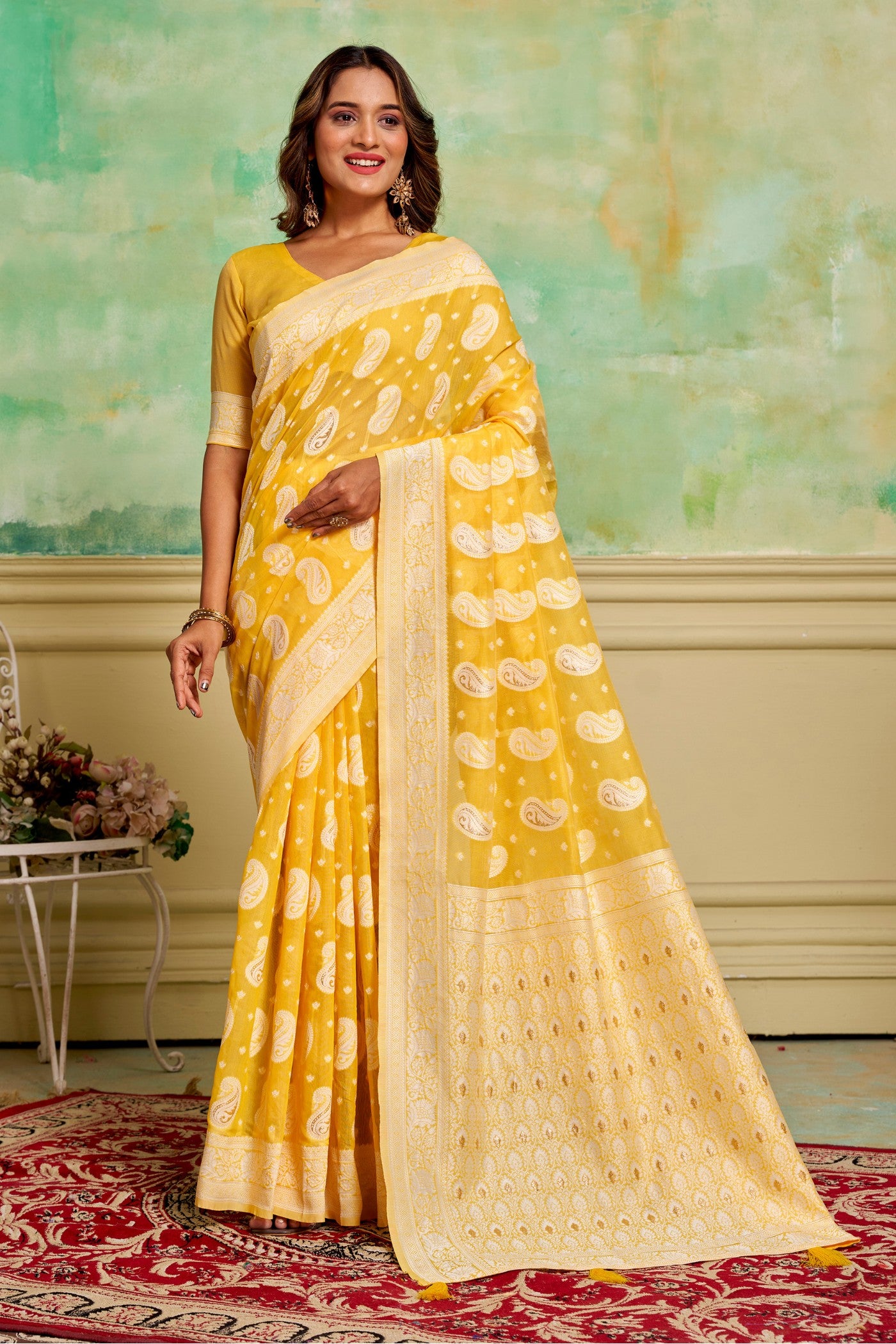 Buy MySilkLove Blonde Yellow Woven Cotton Saree Online