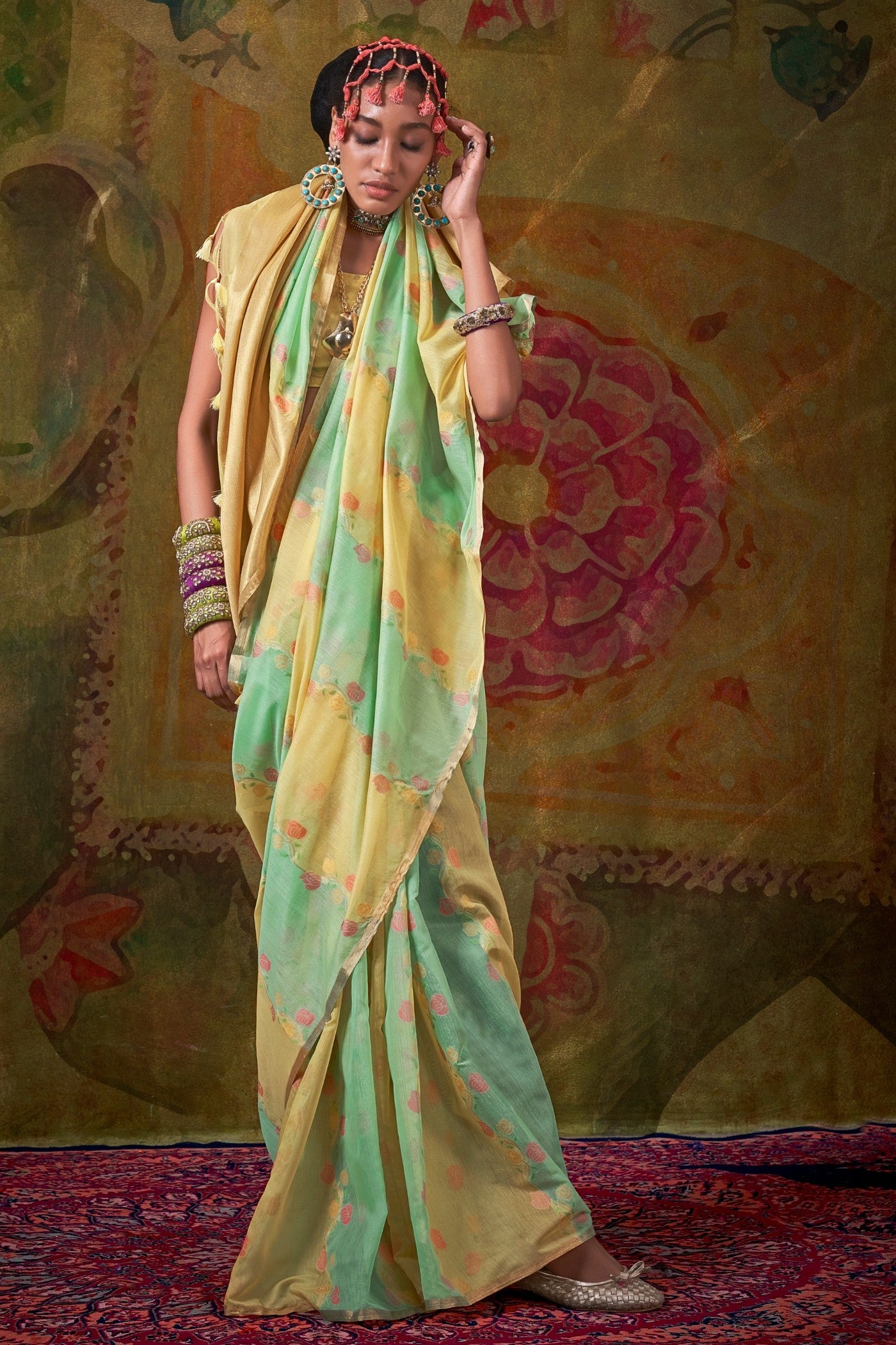 Buy MySilkLove Hillary Green and Yellow Banarasi Handloom Saree Online