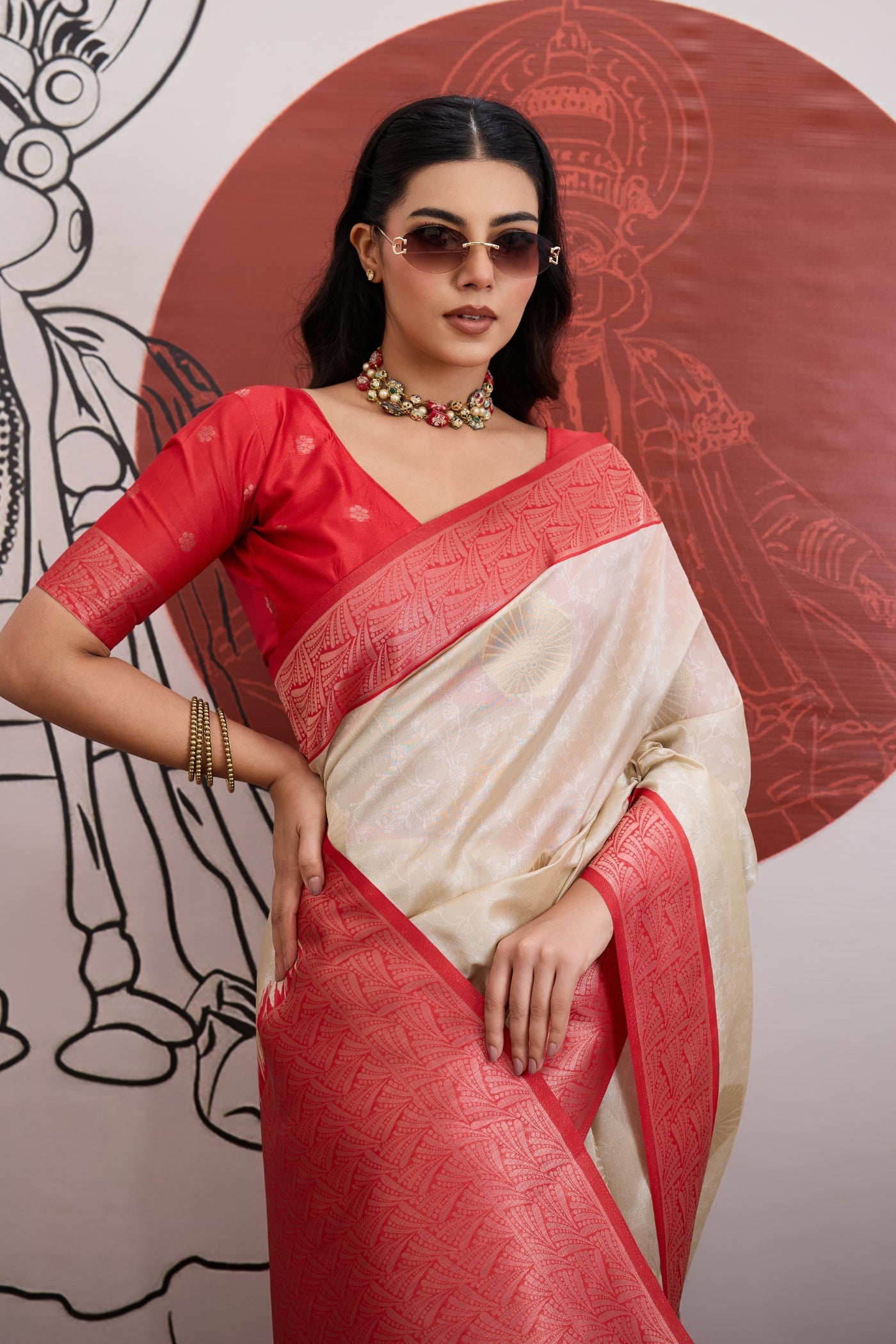 MySilkLove Oat Cream and Red Handloom South Silk Saree
