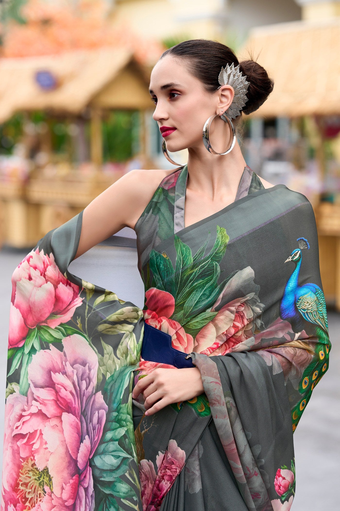 Buy MySilkLove Sandstone Grey Printed Georgette Saree Online