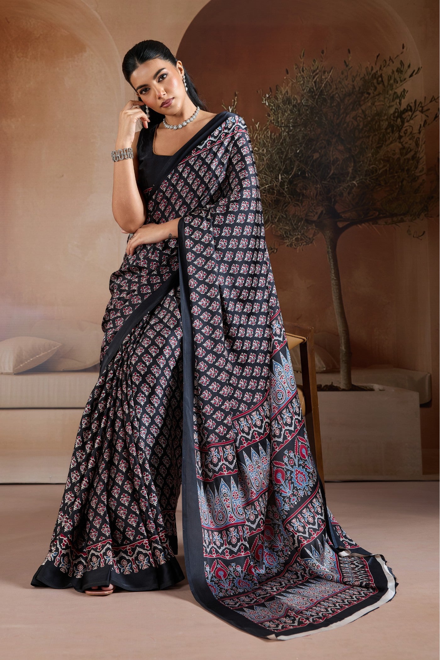 Buy MySilkLove Eclipse Black Ajrakh Printed Satin Crepe Silk Saree Online