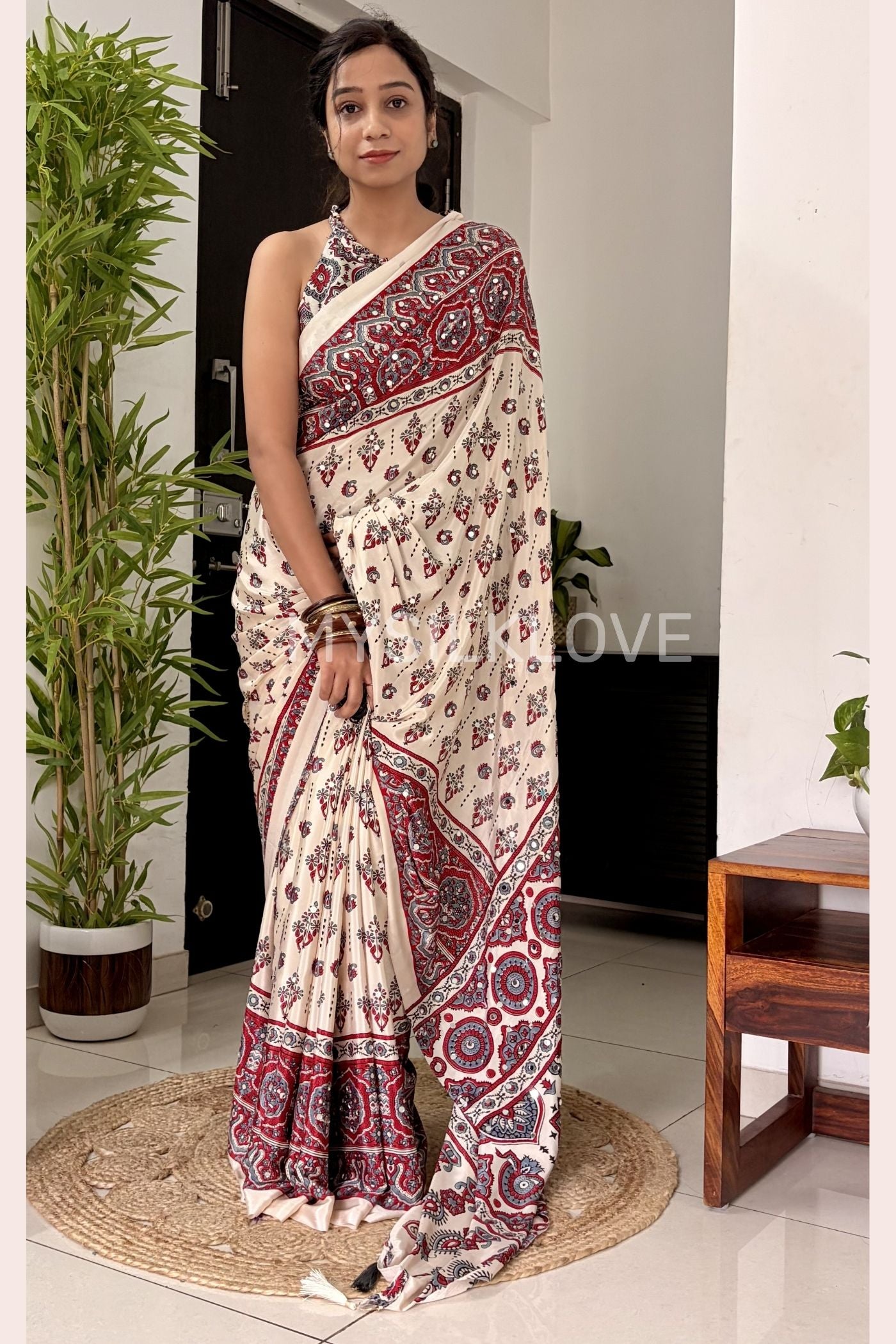 Buy MySilkLove Neutral Beige Modal Ajrakh Satin Printed Mirror Work Saree Online
