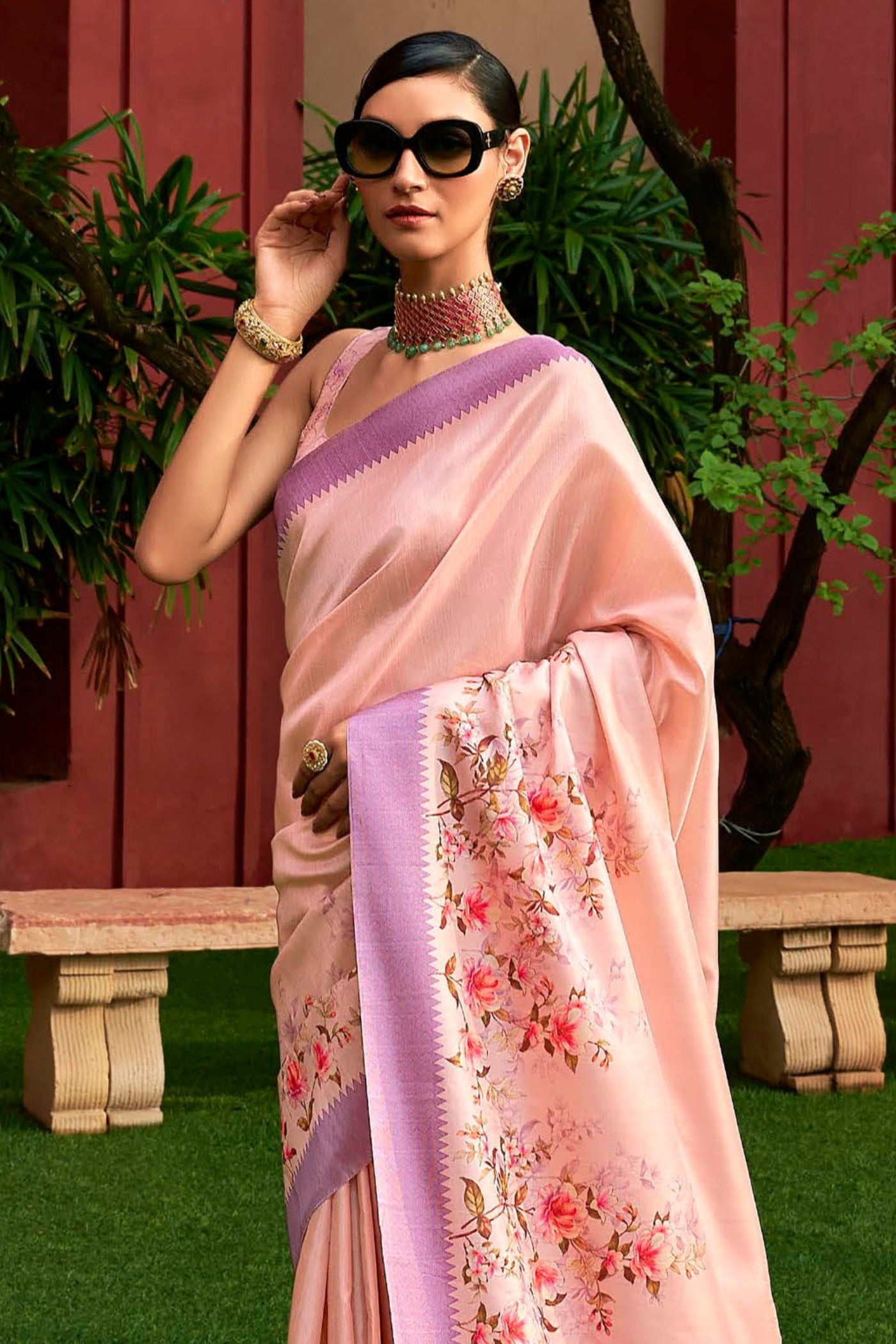 MySilkLove Melon Pink Digital Printed Banarasi Saree