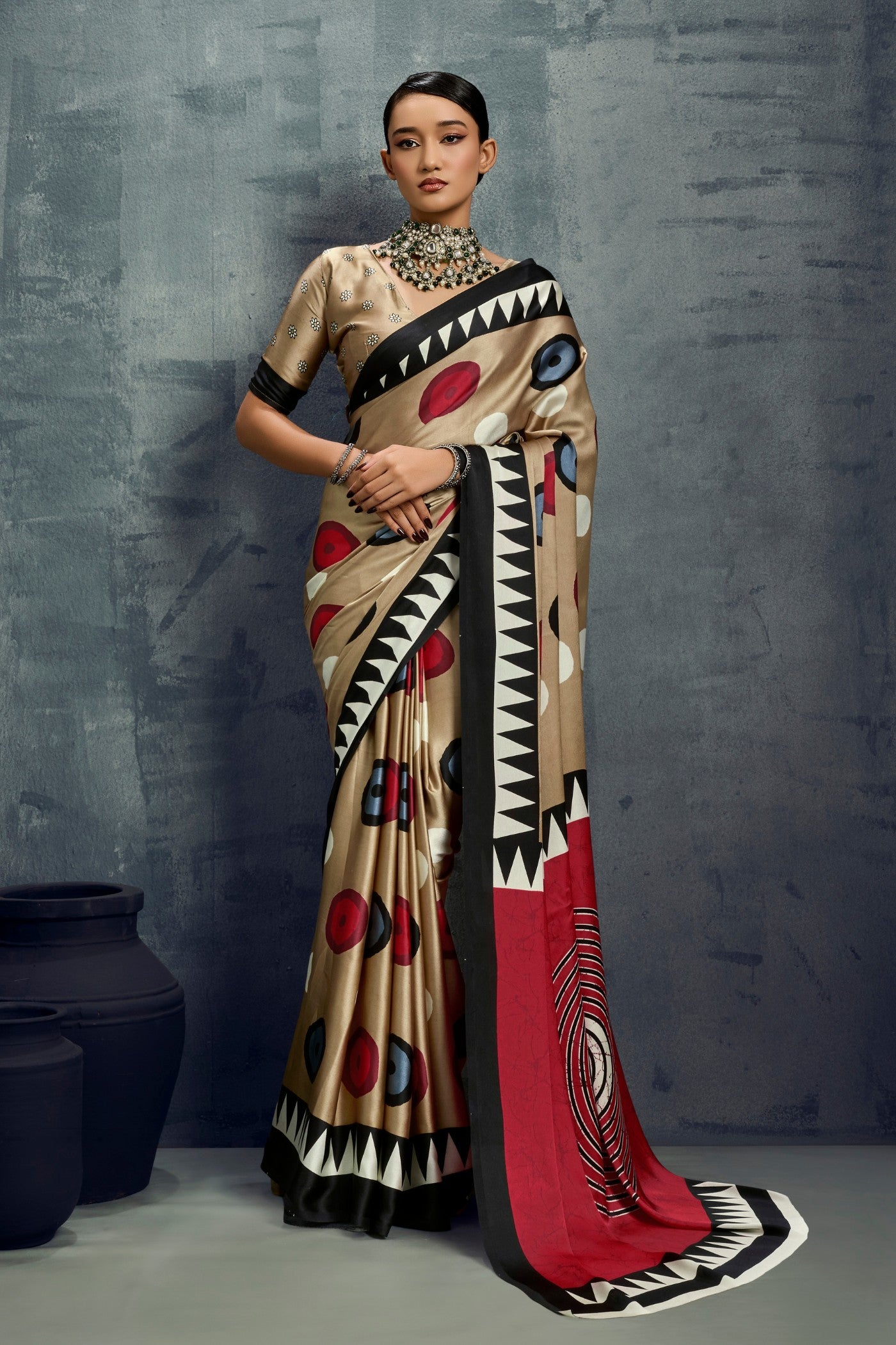 Buy MySilkLove Walnut Brown Ajrakh Printed Satin Crepe Silk Saree Online