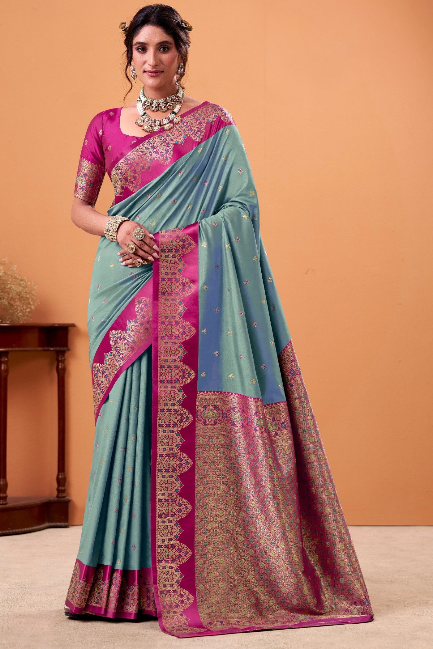 Buy MySilkLove Porpoise Blue Woven Satin Soft Silk Saree Online