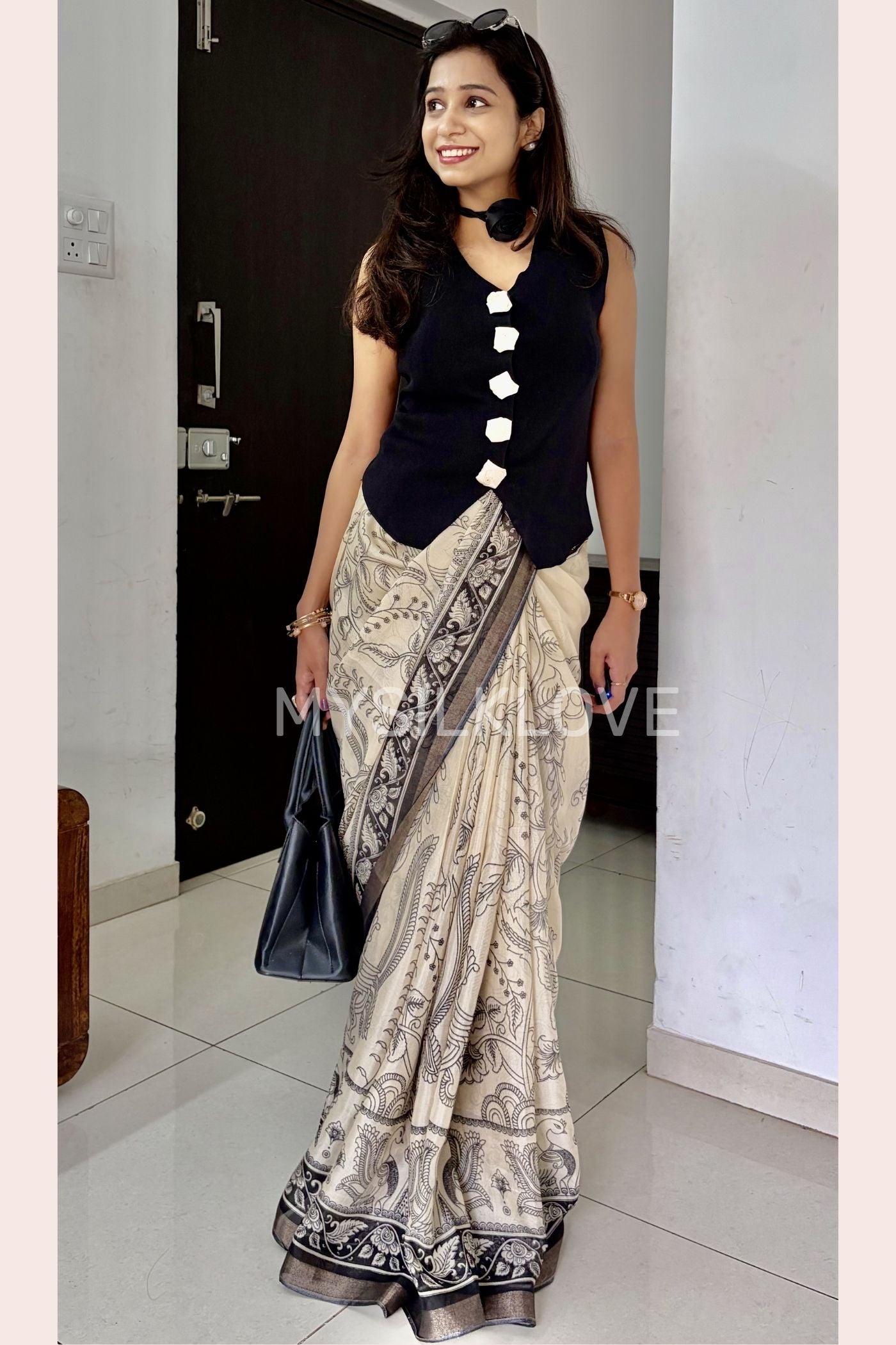 Buy MySilkLove Indowestern Style Black and Cream Mul Cotton Kalamkari Saree Online