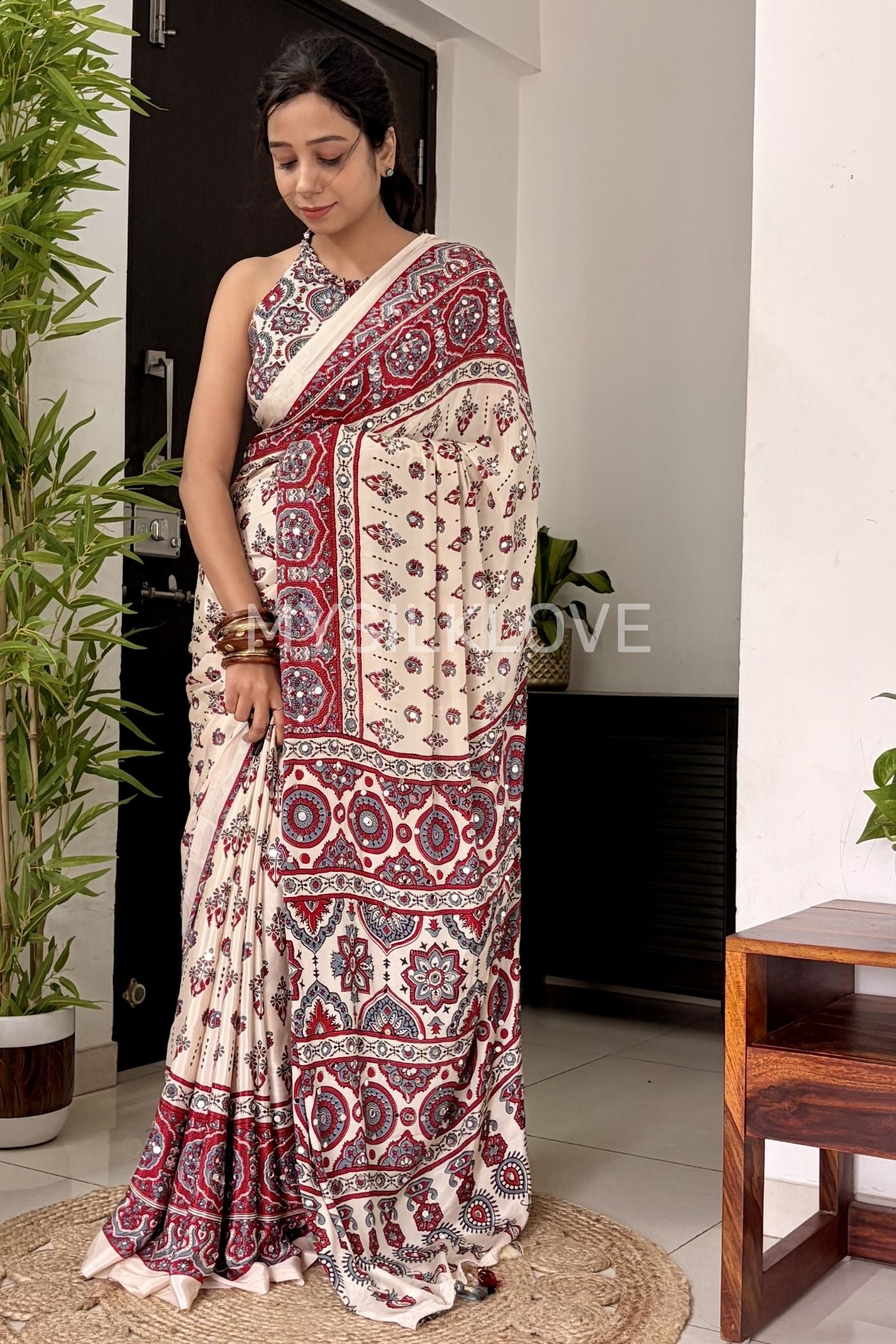 Buy MySilkLove Neutral Beige Modal Ajrakh Satin Printed Mirror Work Saree Online