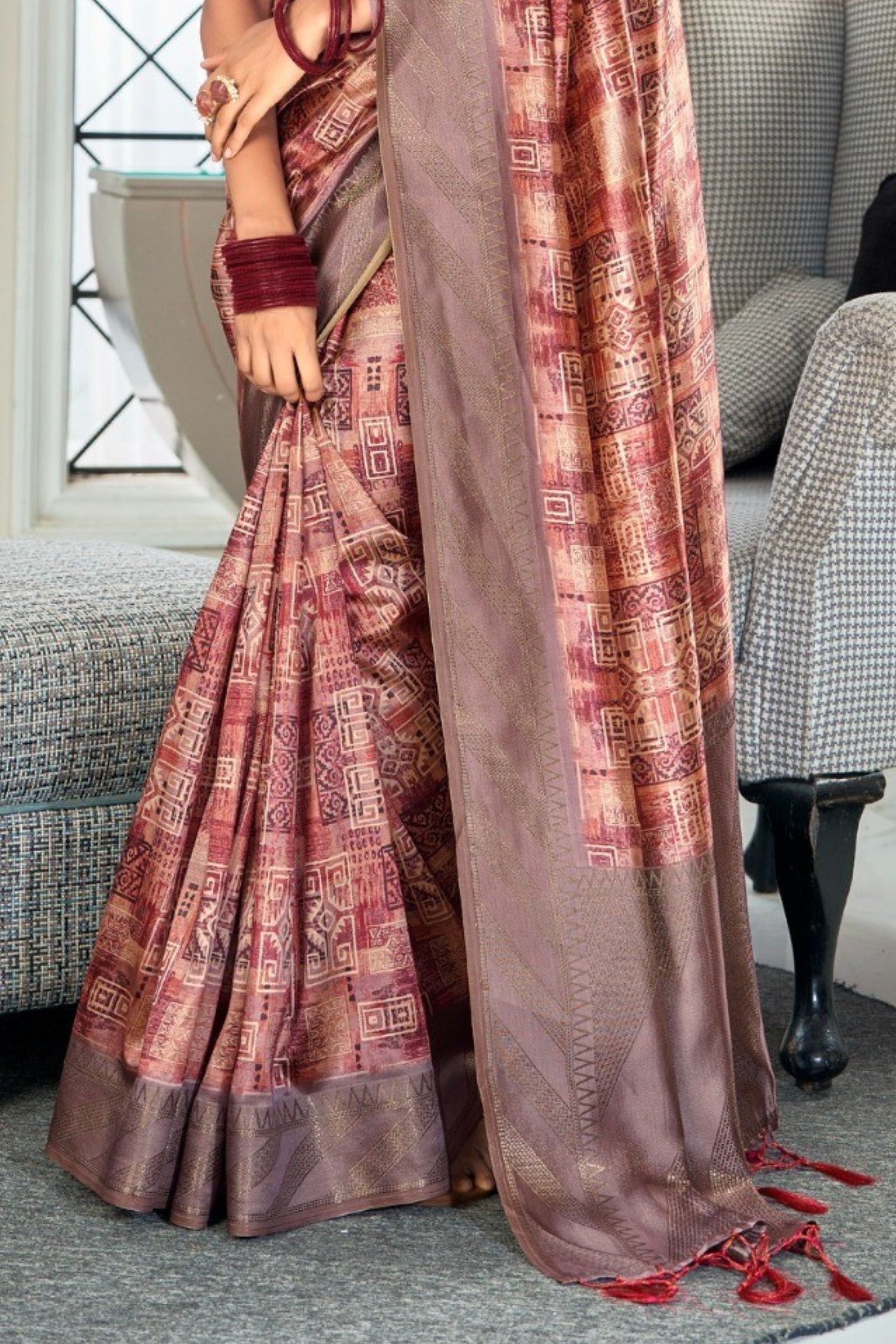 Buy MySilkLove Copper Penny Brown Digital Printed Banarasi Saree Online