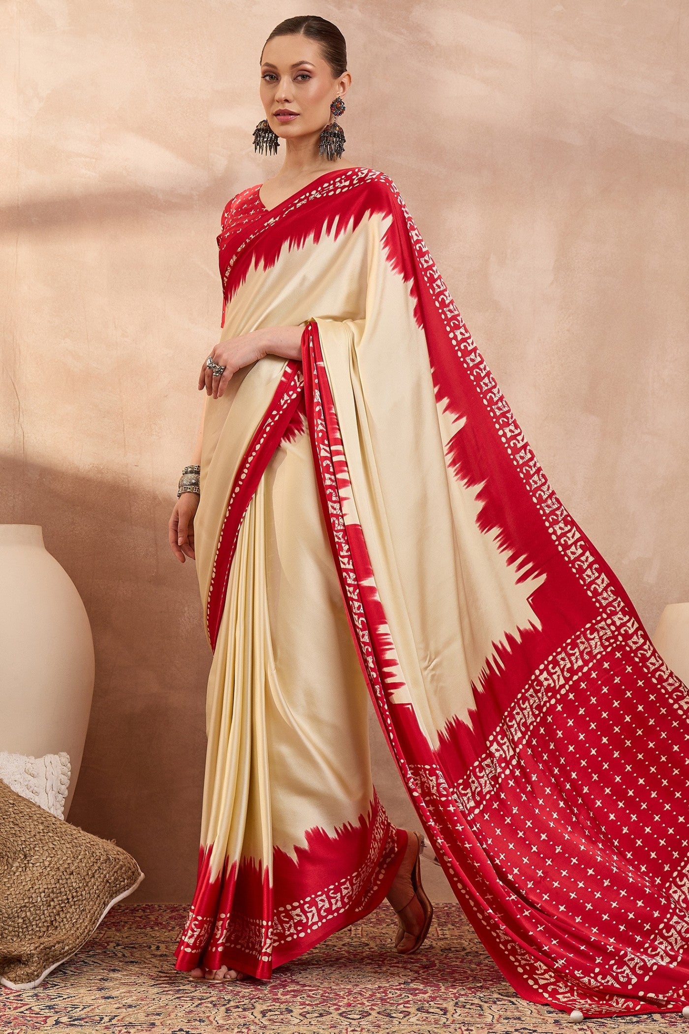 Buy MySilkLove Seashell Cream Printed Satin Crepe Silk Saree Online