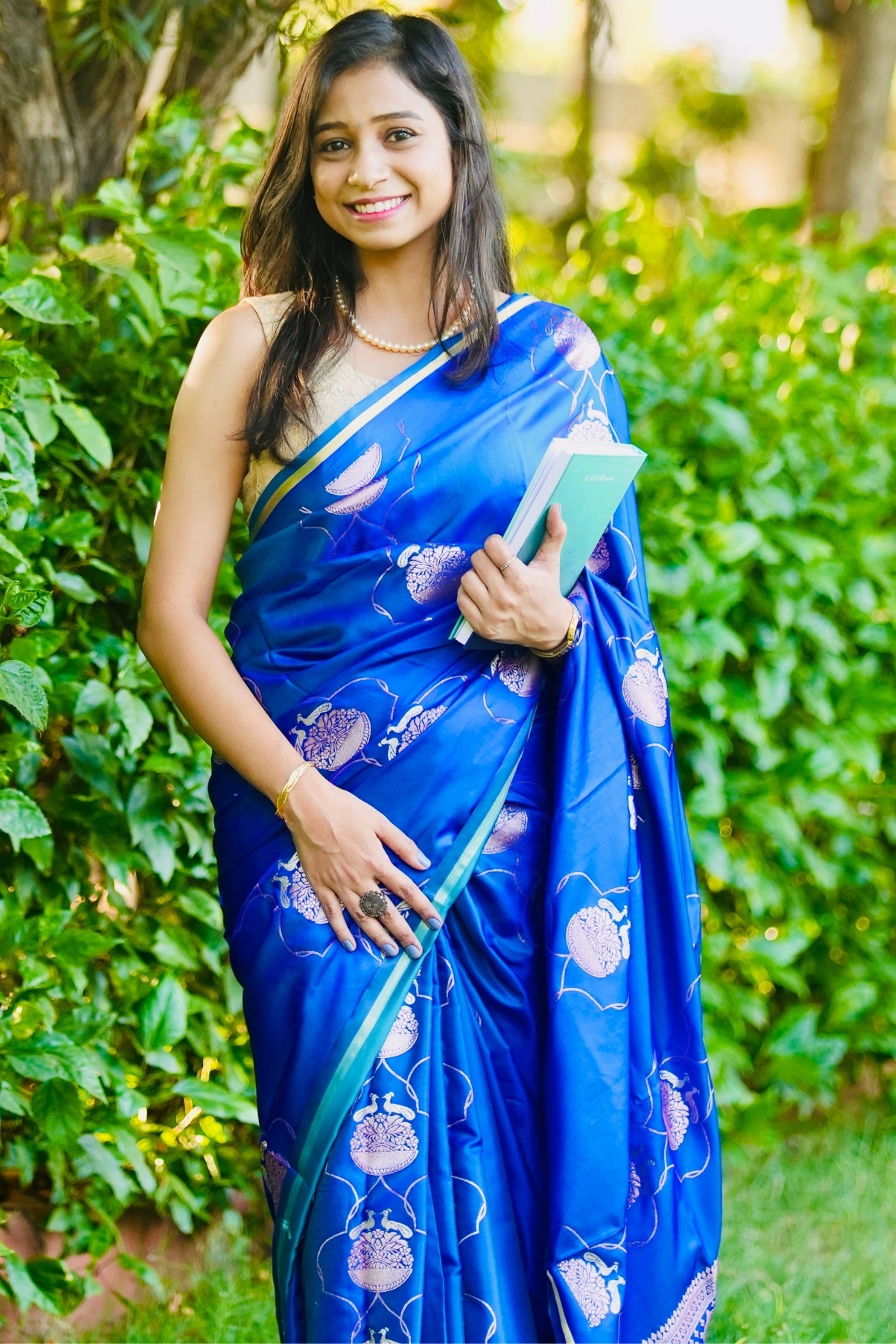 Celtic Blue Handloom Satin Silk Saree — Handloom | MySilkLove
