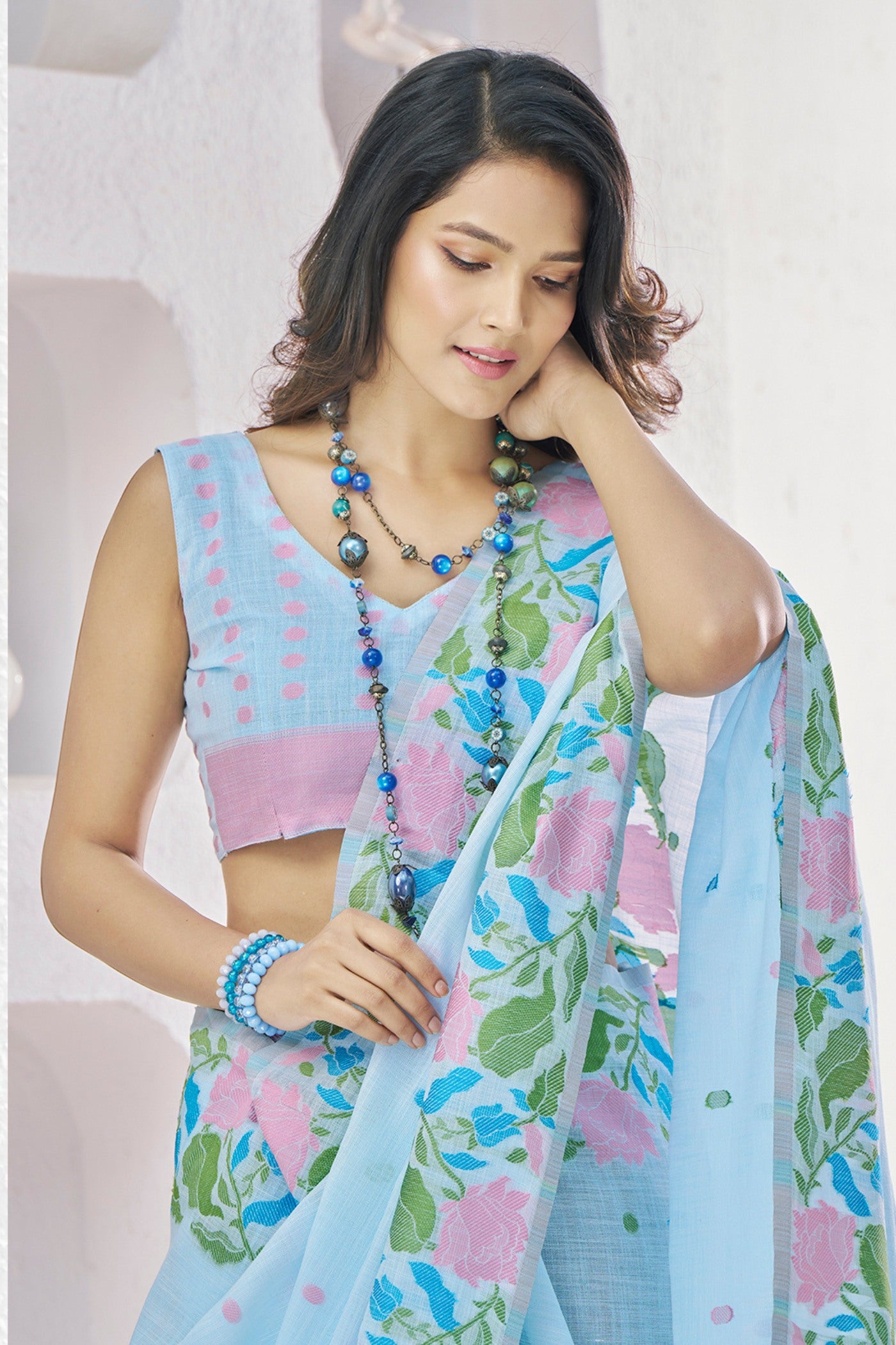 MySilkLove Morning Glory Blue Woven Linen Saree