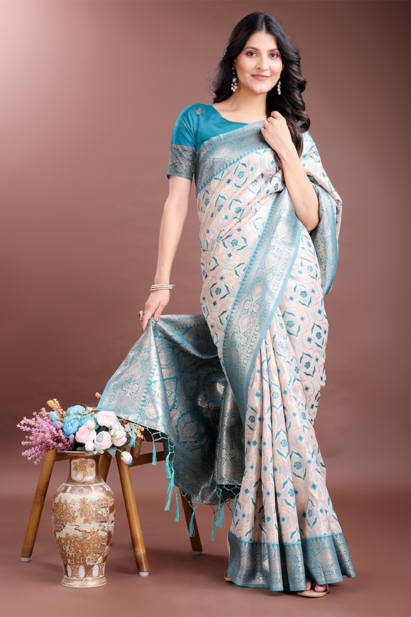 Buy MySilkLove Capri Blue and White Linen Cotton Saree Online