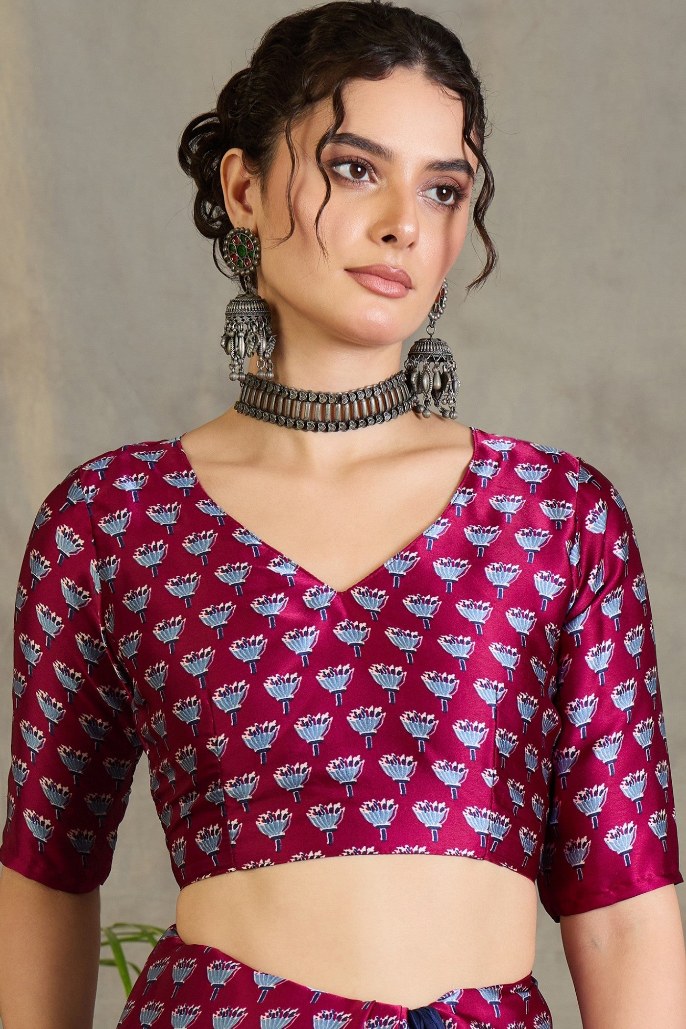 Buy MySilkLove Navy Blue and Purple Ajrakh Printed Satin Crepe Silk Saree Online