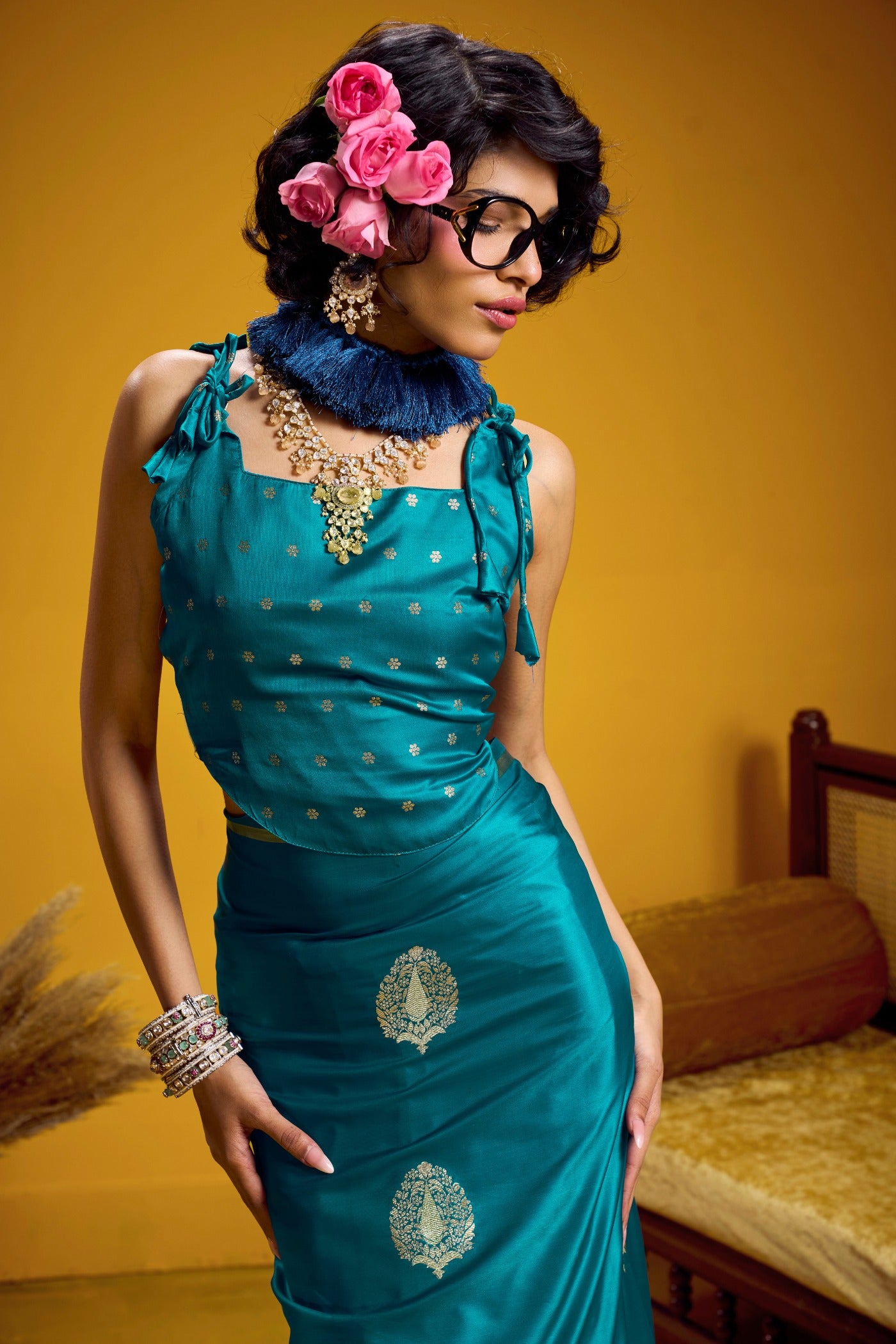 Buy MySilkLove Curious Blue Handloom Satin Silk Saree Online