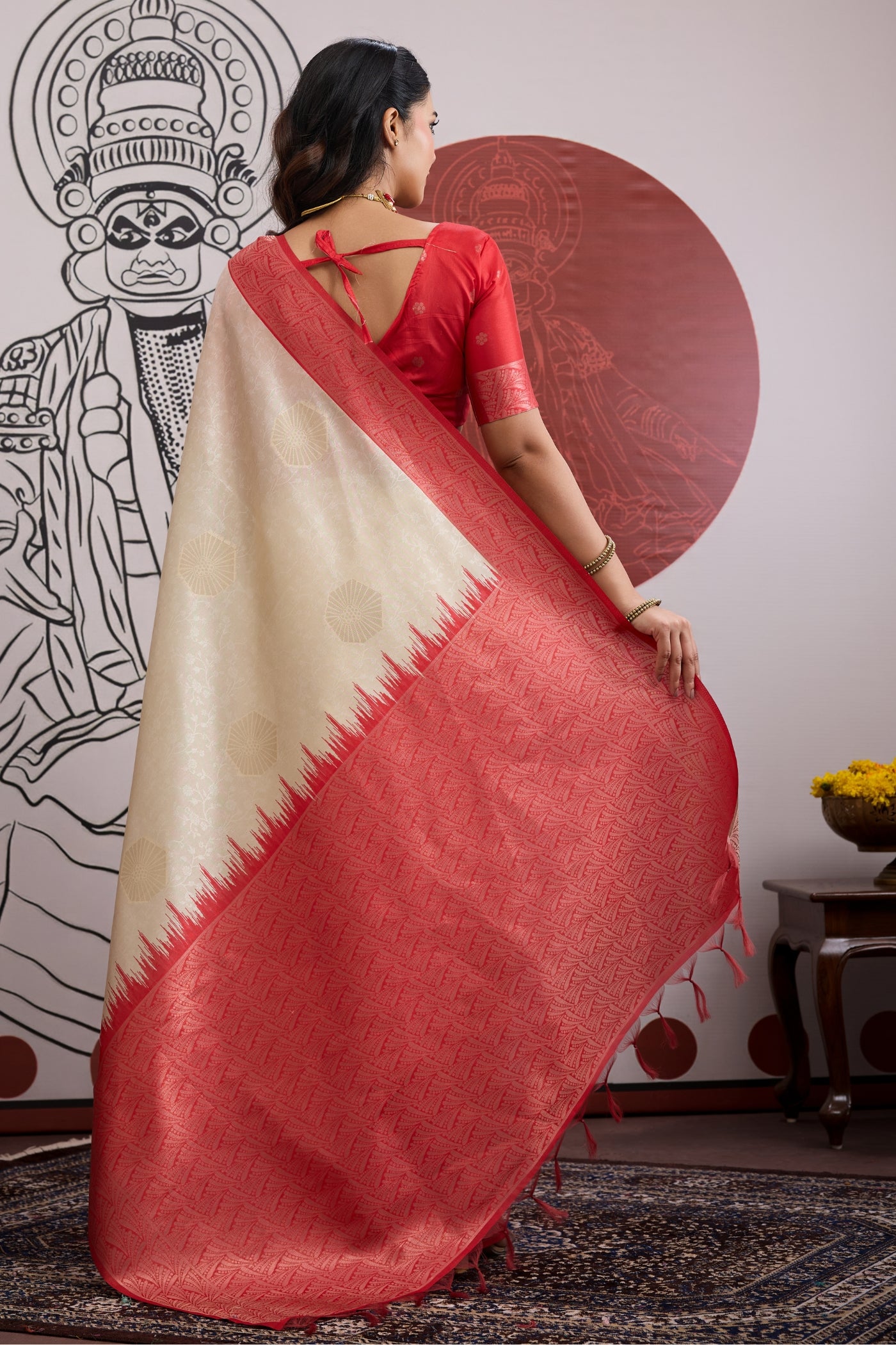 Buy MySilkLove Oat Cream and Red Handloom South Silk Saree Online