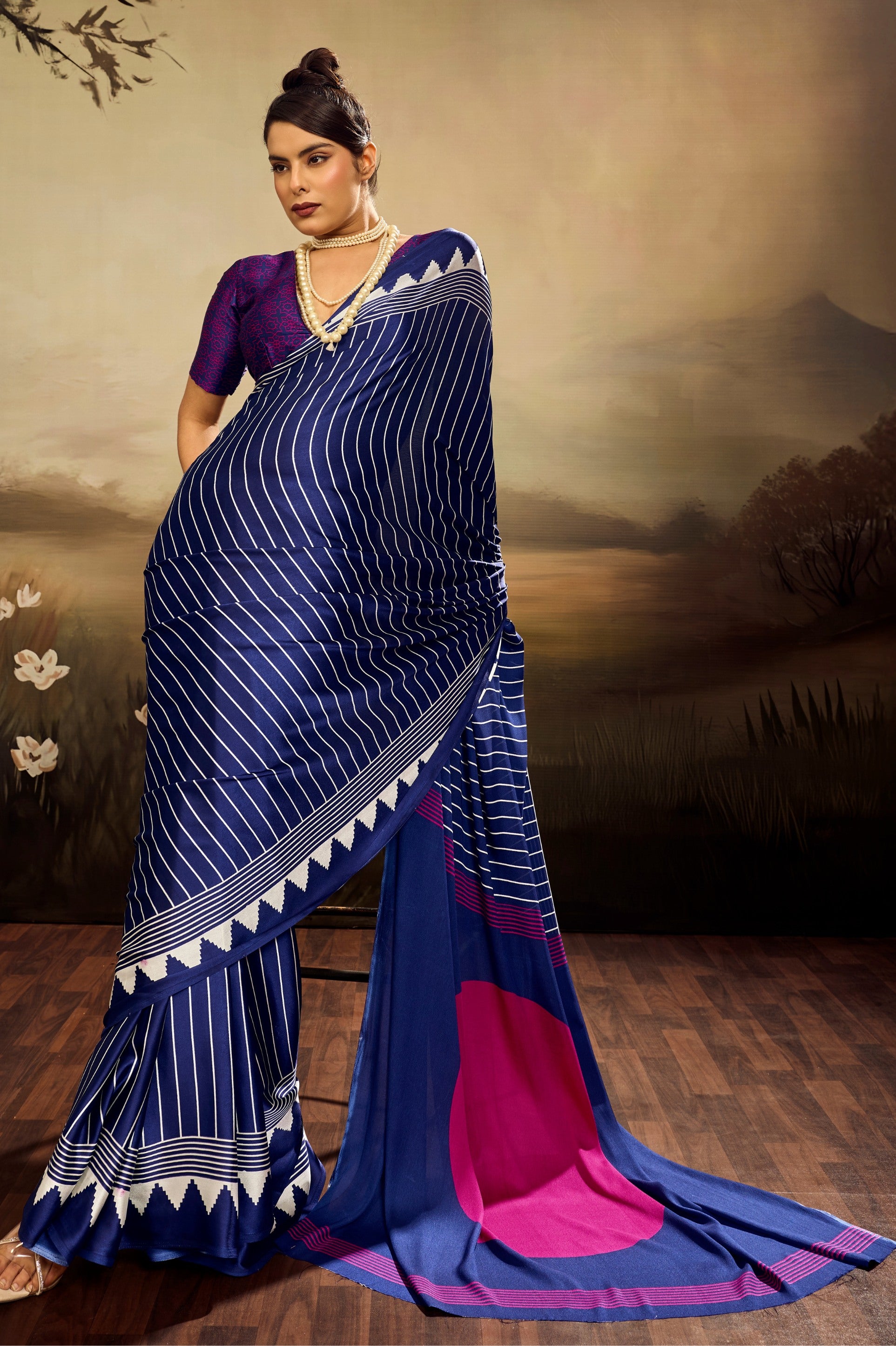 Buy MySilkLove Polynesian Blue Ajrakh Printed Satin Crepe Silk Saree Online