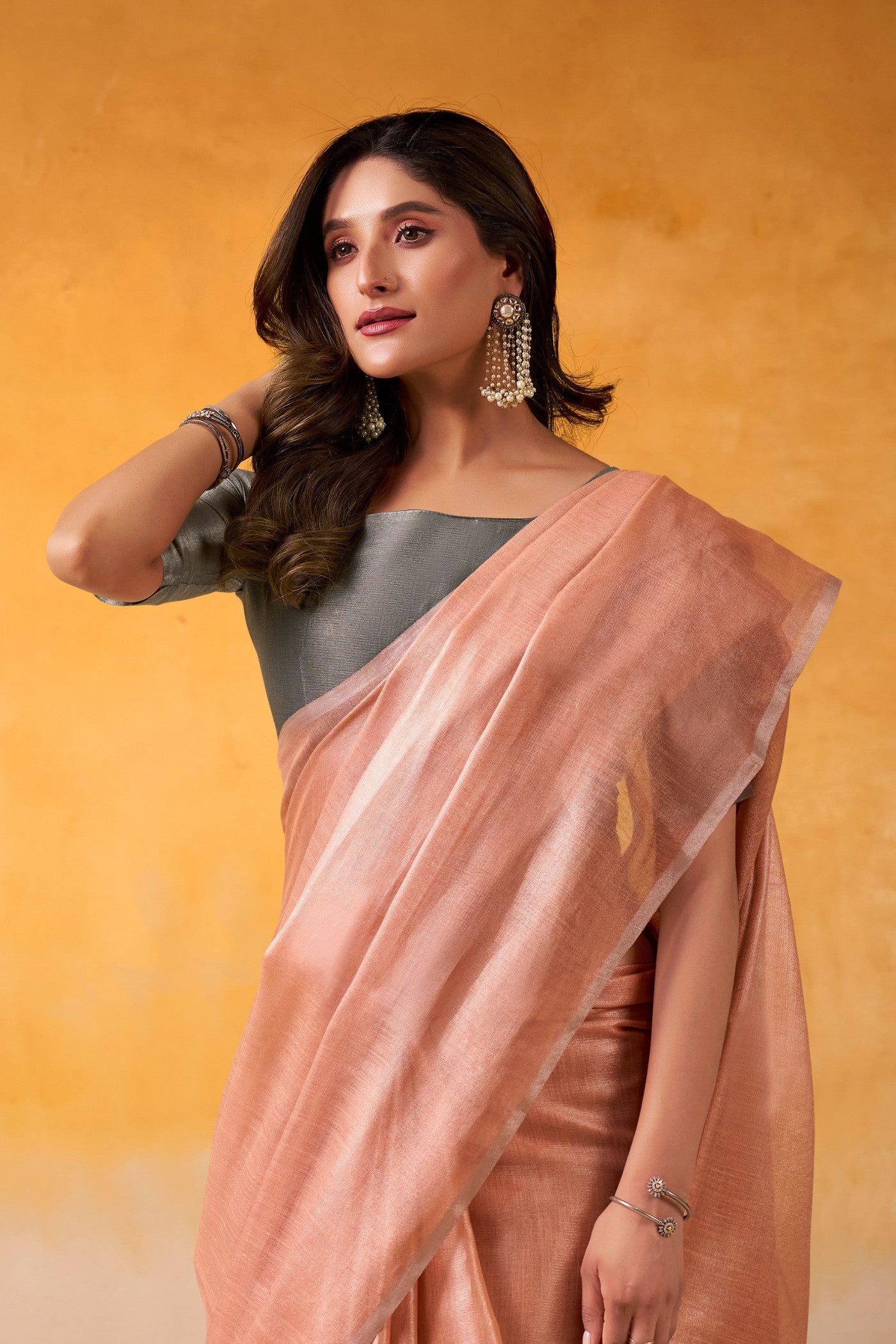 Buy MySilkLove Rustic Peach and Grey Woven Tissue Silk Saree Online